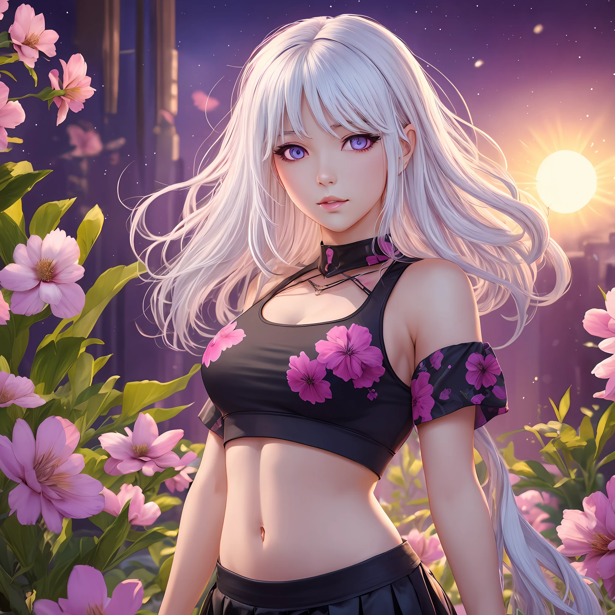 realistic, 1girl, white hair, purple eyes, glowing eyes, crop top, skirt, parted lips, blush, night, flowers, sun, sunlight, --auto --s2