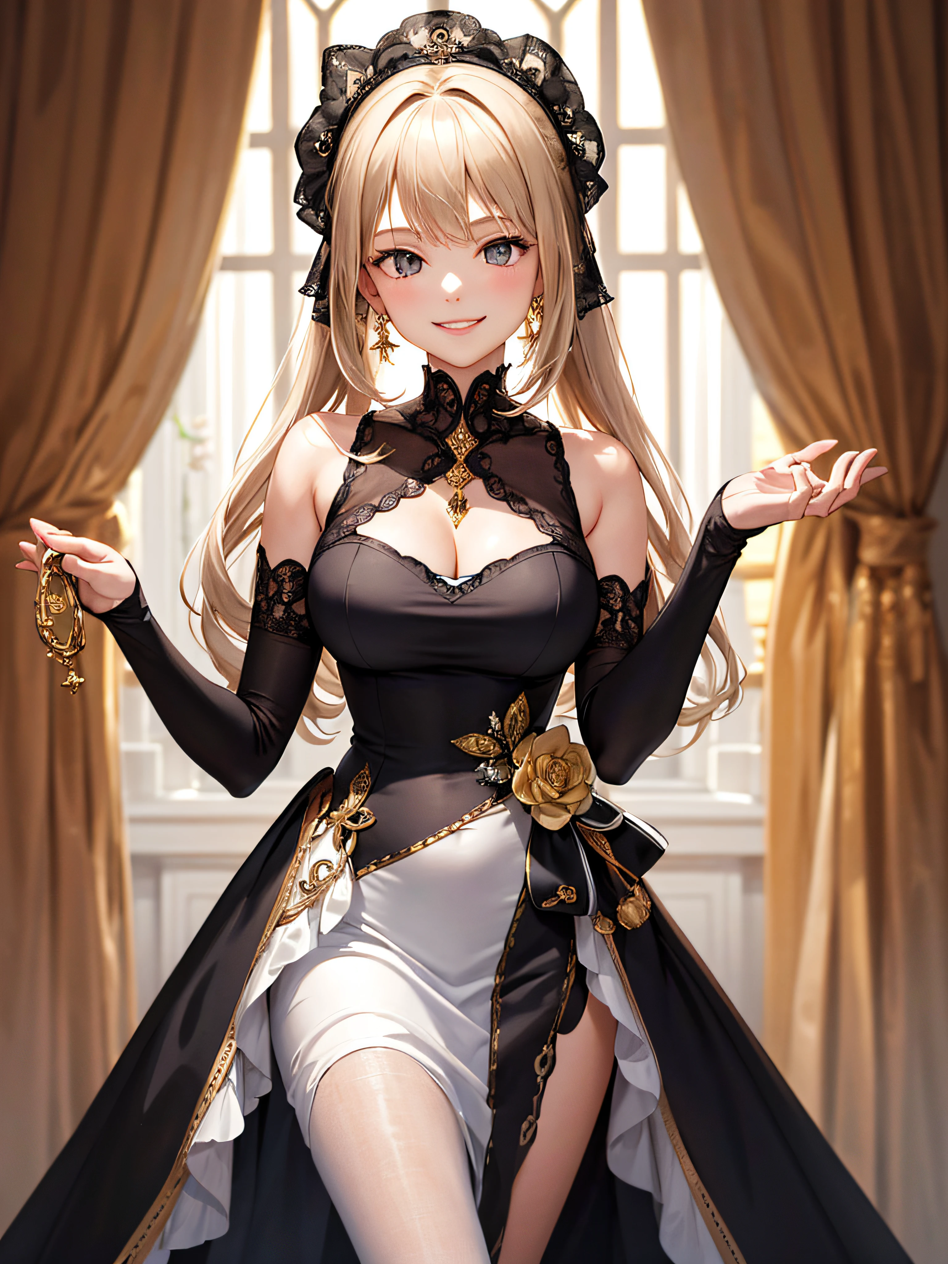 (Masterpiece, best quality, exquisite details), 1 girl, opposite camera, holding photo, large room in background, magnificent, smiling, pathetic, evil smile