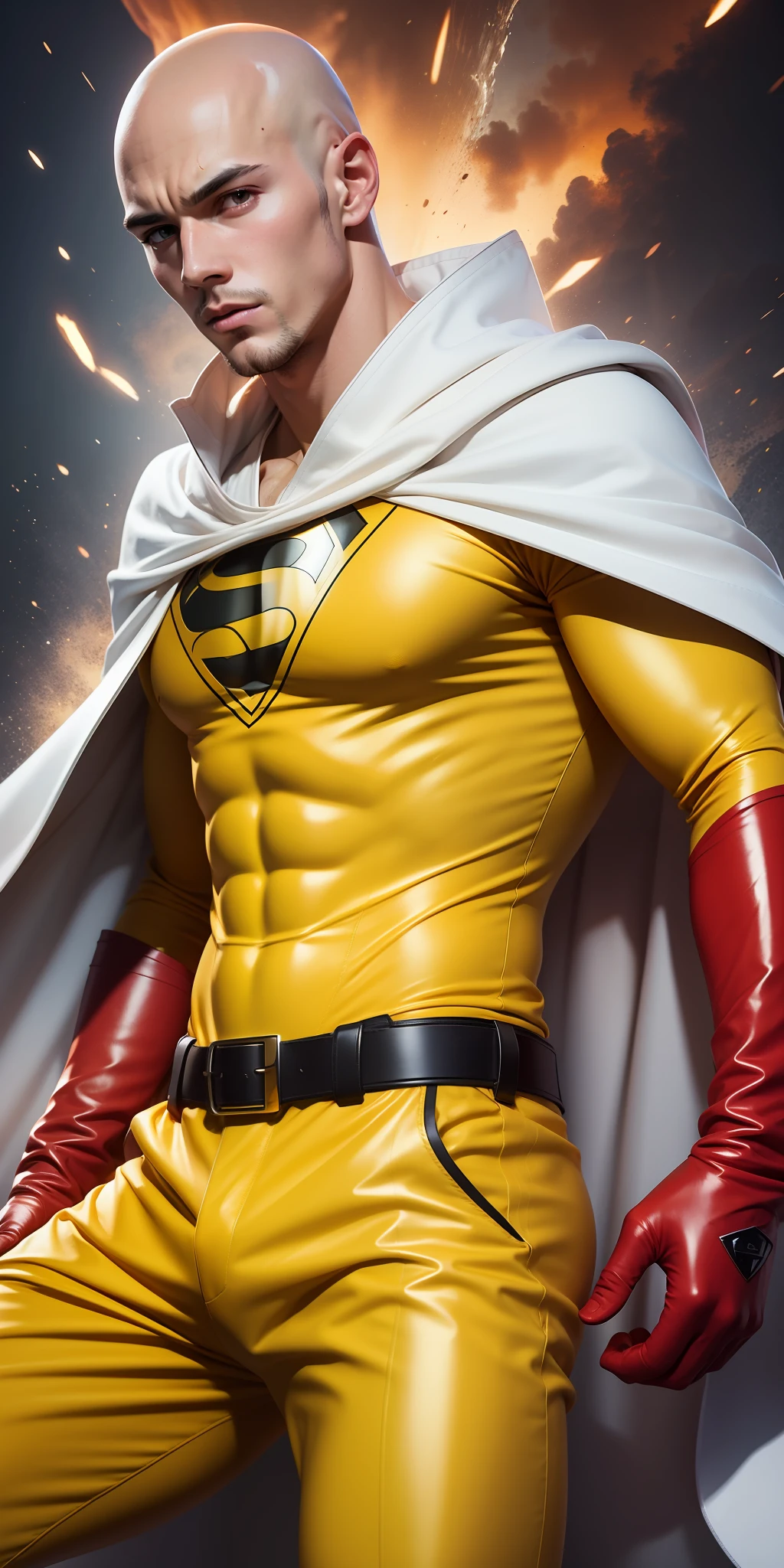 Best quality, ultra high resolution 8k, beautiful boy, manly man, bald head, very brave beautiful face, very fine face, slim and athletic body, yellow shirt, red gloves, white cape, yellow pants, suit stuck to body, almost a super hero, Saitama cosplay, action pose