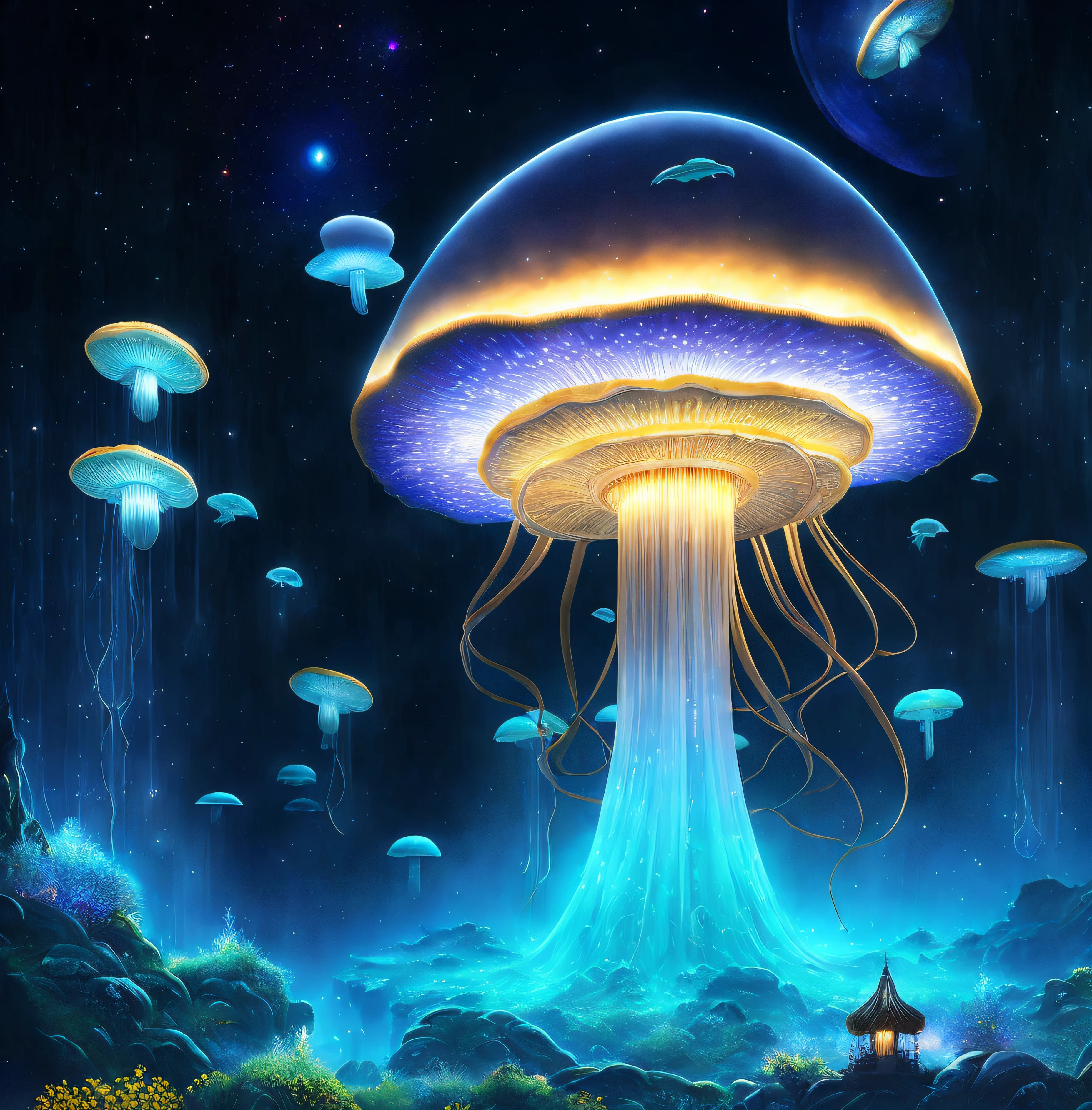 The mushroom world is my home. a realistic detail of a virtual glowing bioluminescent mushroom mega cities inside a floating jellyfish in the dark sea, metropolis in the dark at night is like a spiritual journey through a mushroom forest, cosmic, heavenly, god rays, ornate detail, cinematic, Professional, masterpiece, commissioned, best quality, Color Corrected, fixed in post, CHV3SSciFi, CHV3SUrban, CHV3SWorld, CHV3SMacro, CHV3SDark