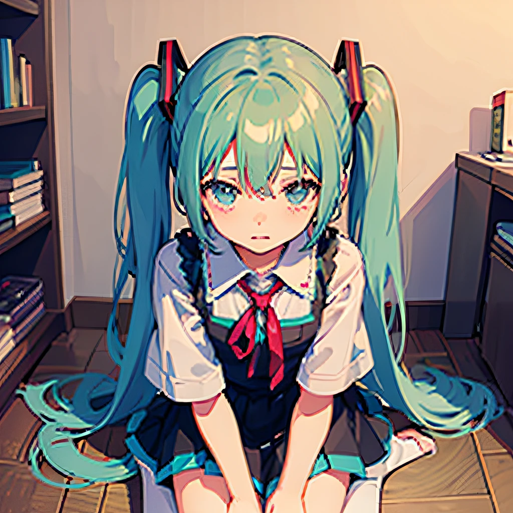 Pixel art, pixel art, one girl, blue haired cat-eared Hatsune Miku sitting on the floor with her hands on the floor with a cute expression and being stroked, uniform, Hatsune Miku, Mikudayo, Cirno, soft anime illustration, light blue, moe, pixiv style, pixiv, anime, rakugaki, girl's room, kamime --auto