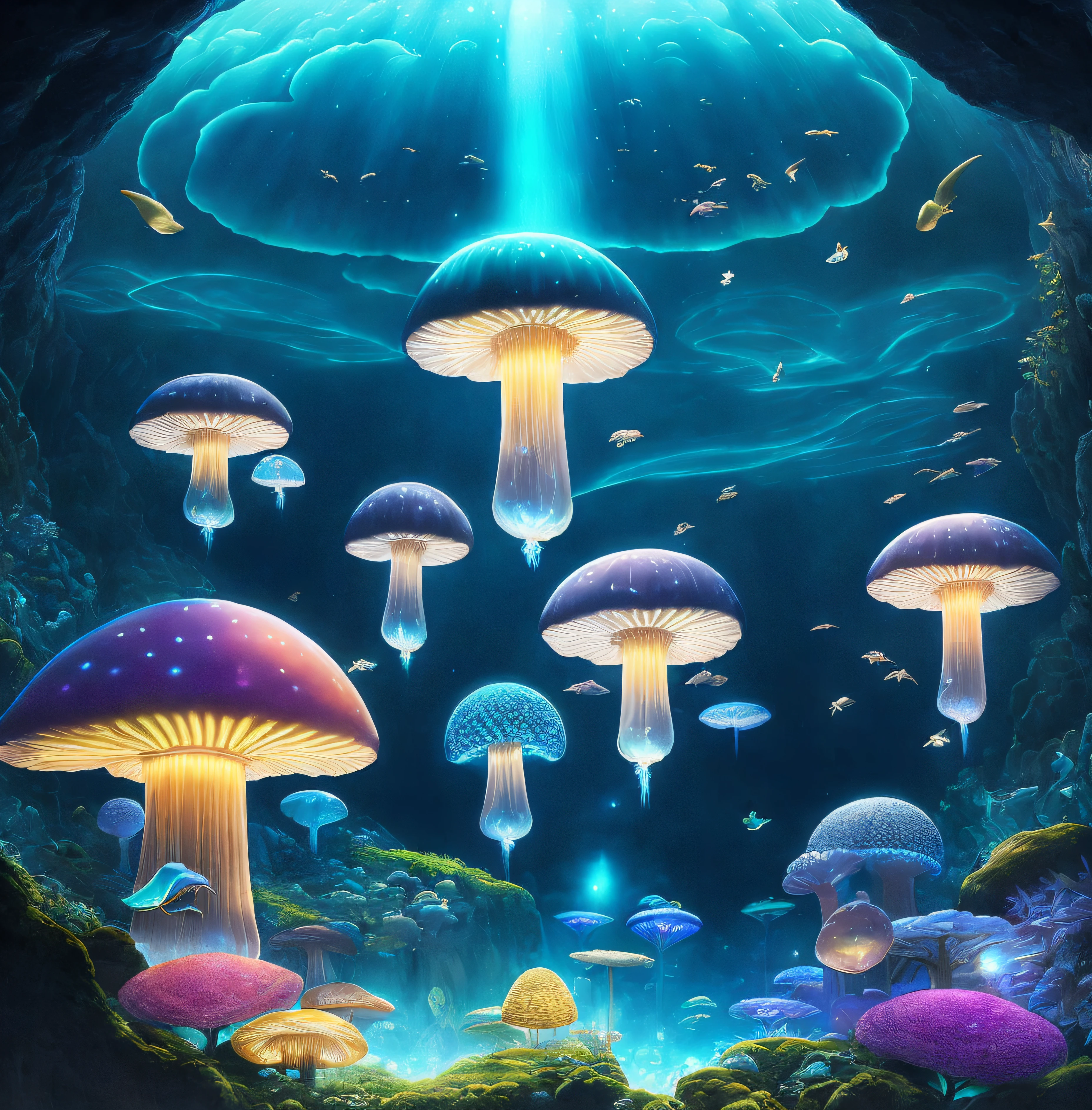 The mushroom world is my home. a realistic detail of a virtual glowing bioluminescent mushroom mega cities inside a floating jellyfish in the dark sea, metropolis in the dark at night is like a spiritual journey through a mushroom forest, cosmic, heavenly, god rays, ornate detail, cinematic, Professional, masterpiece, commissioned, best quality, Color Corrected, fixed in post, CHV3SSciFi, CHV3SUrban, CHV3SWorld, CHV3SMacro, CHV3SDark