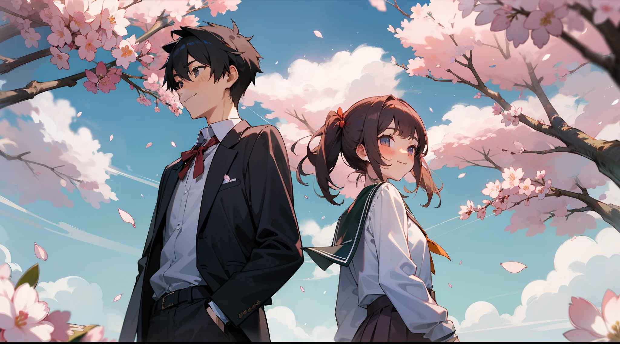 Upper body, vista, one boy and one girl, back-to-back, student uniform, smile, cherry blossoms, petals, sky, campus