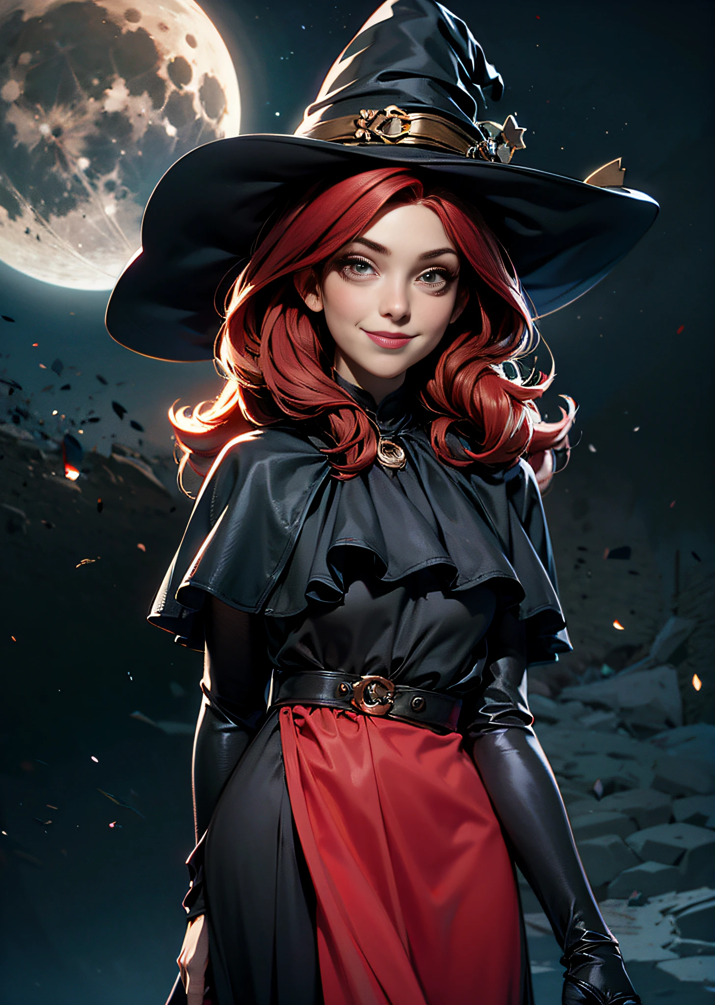 1 girl, witch, looking at camera, smiling, red hair, wearing a black dress, chokering with a moon