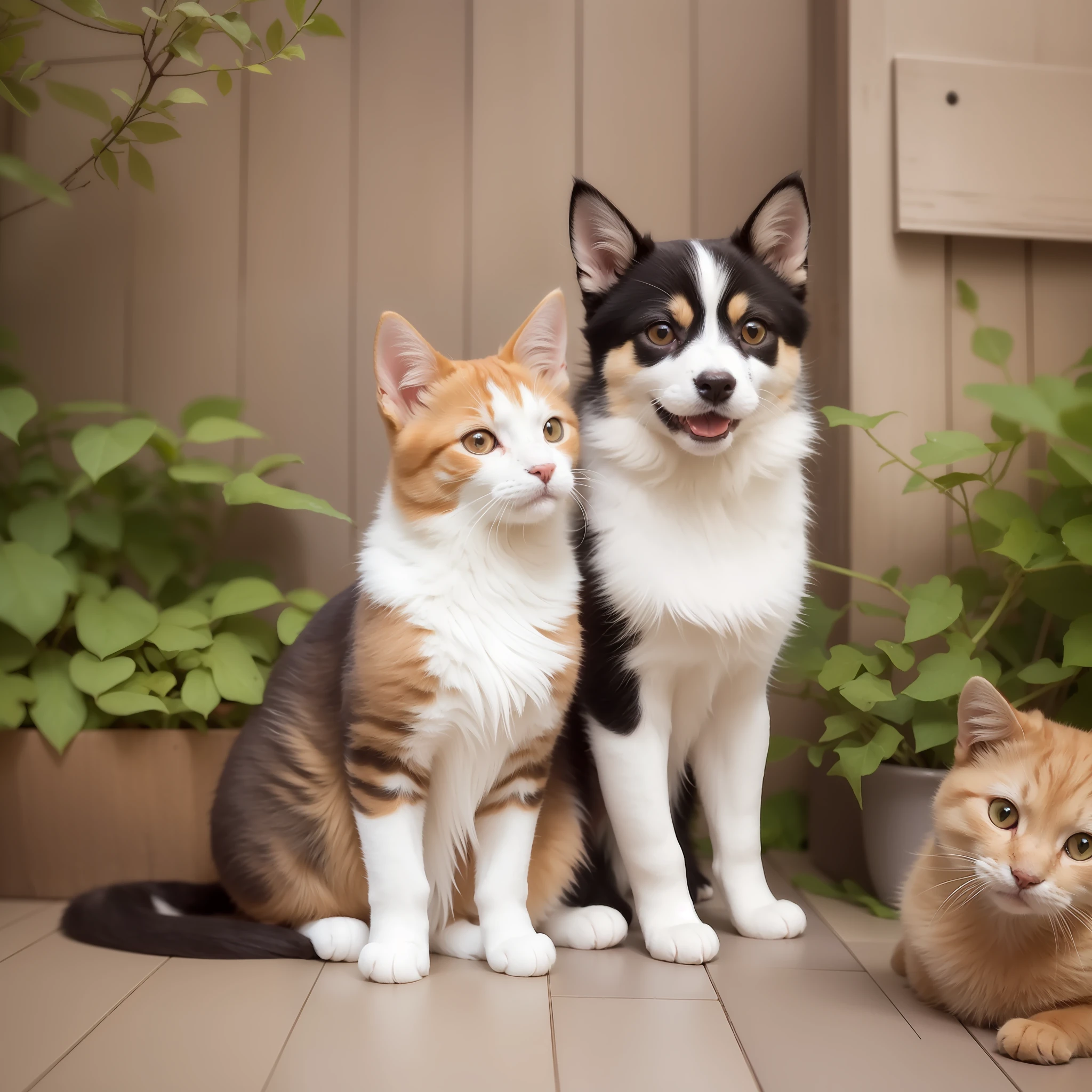 cat, kawaii cat, masterpiece, best quality, photo showing calico cat and shiba inu together, shiba inu next to calico cat, good friend, cat and dog together, close distance, live-action real