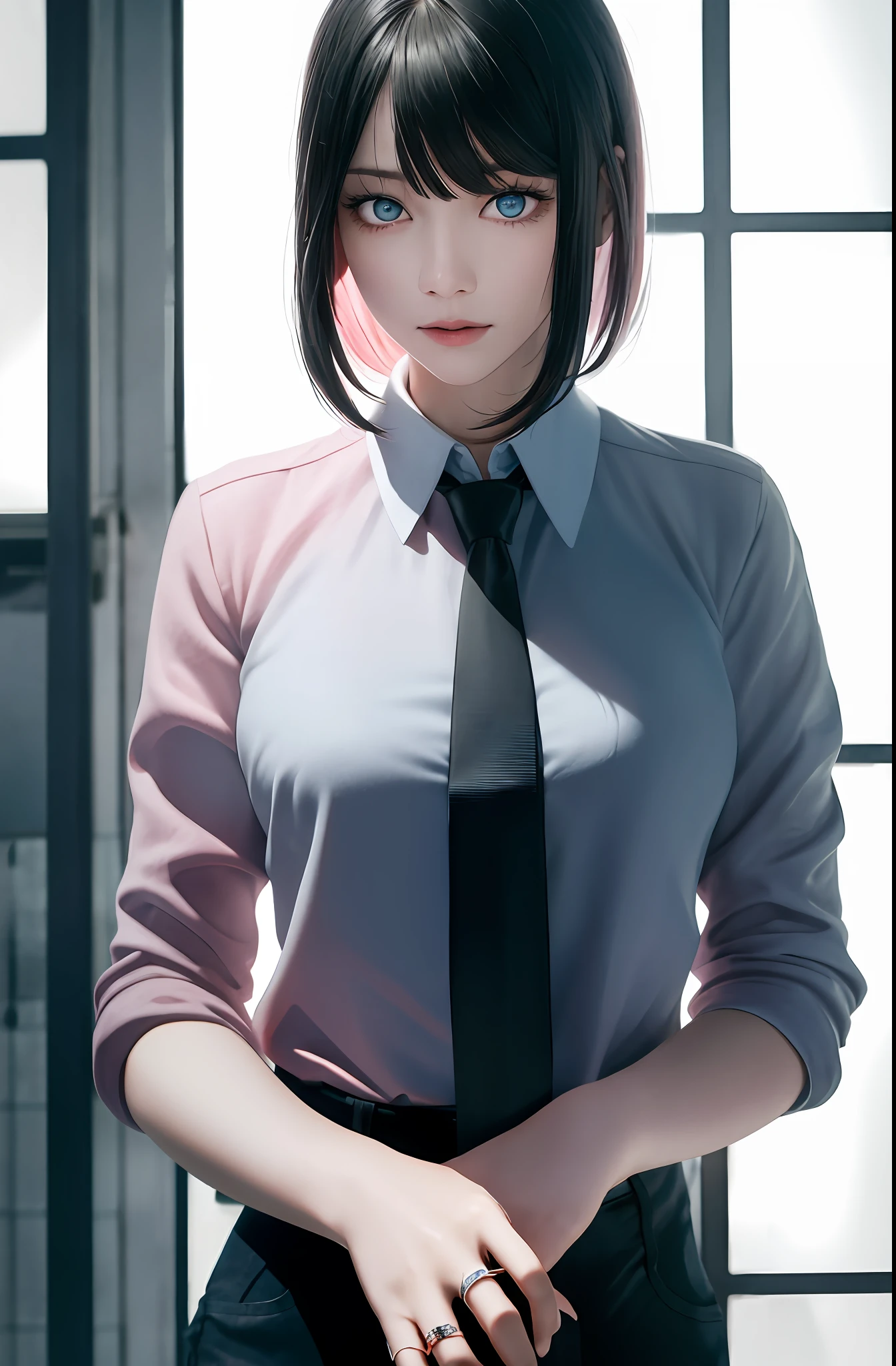 Masterpiece, (Photorealistic: 1.4), Top Quality, Beautiful Lighting, (ulzzang-6500:0.5), Makima \(Chainsaw Man\), (Bob Hair) + (Black Hair) + (Bangs), Blue Eyes, Blue Eyes, (((Ring Eyes)), (Pink Shirt), (Tie), RAW Photography, 8k UHD, Film Grain