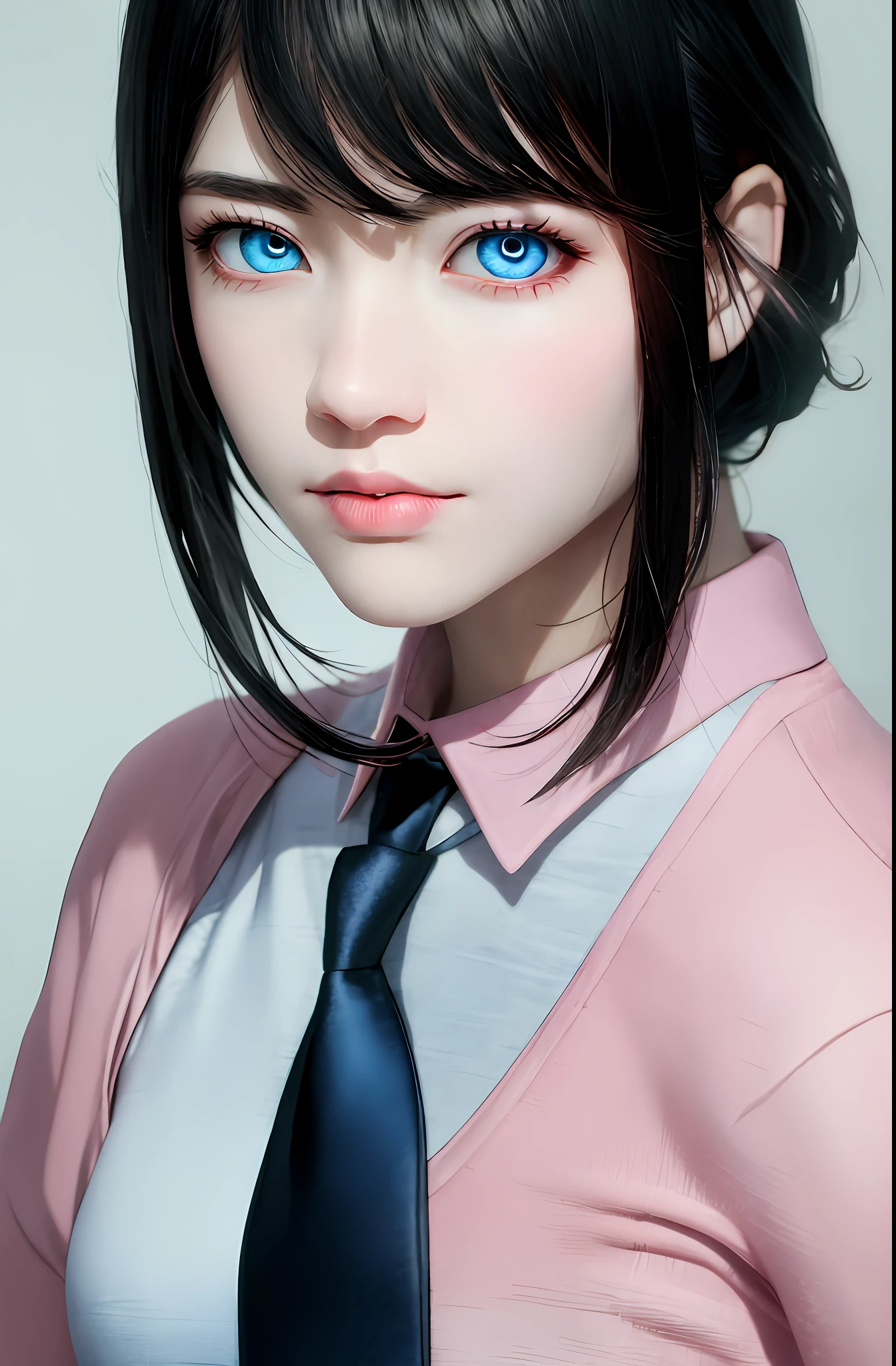 Masterpiece, (Photorealistic: 1.4), Top Quality, Beautiful Lighting, (ulzzang-6500:0.5), Makima \(Chainsaw Man\), (Bob Hair) + (Black Hair) + (Bangs), Blue Eyes, Blue Eyes, (((Ring Eyes)), (Pink Shirt), (Tie), RAW Photography, 8k UHD, Film Grain