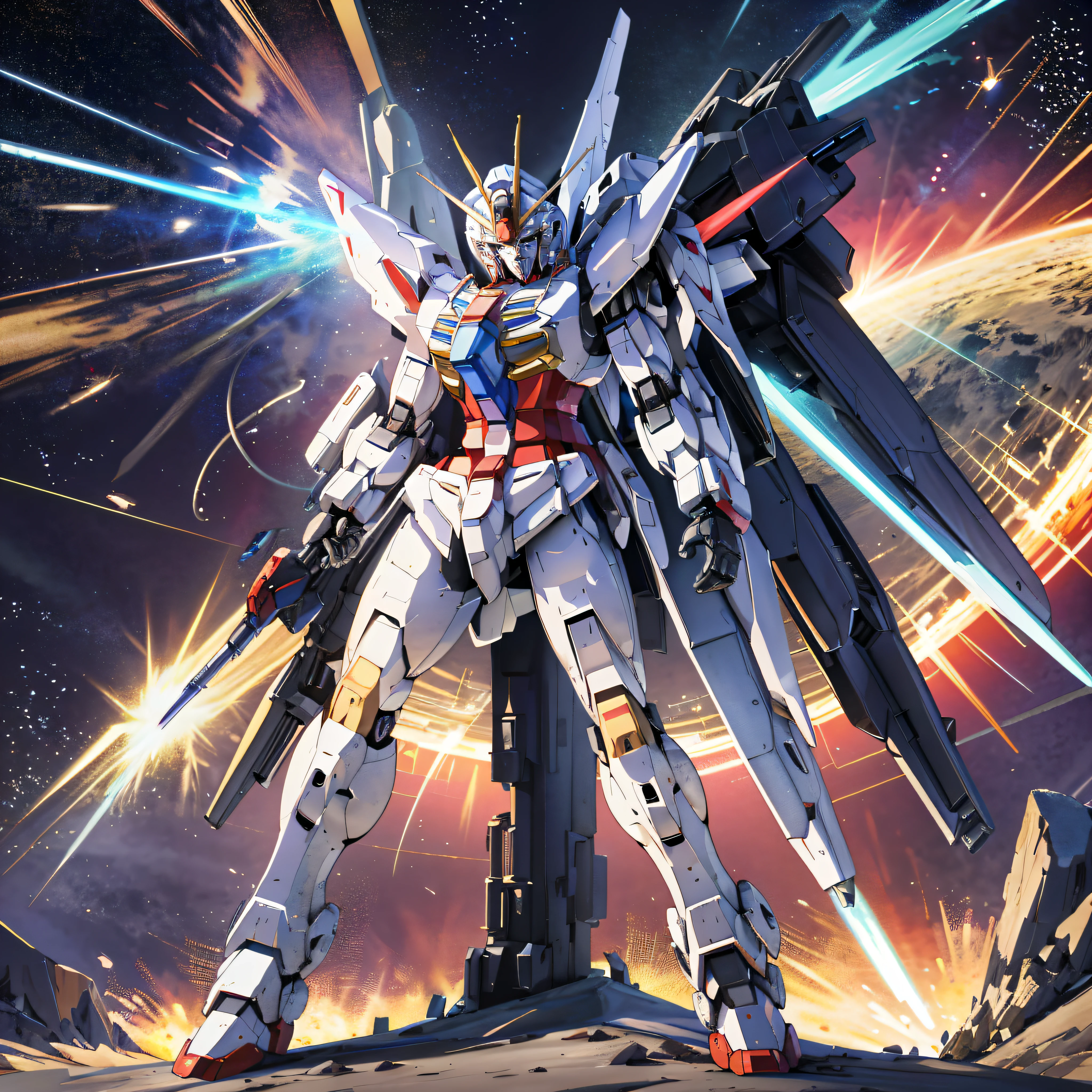 Gundam robot image standing on platform with space background, Gundam style, modern mecha anime, Gundam, Mobile Suit Gundam, Gundam, Mobile Suit, Gundam robot, Official anime work, Gundam box art, Large mech robot, Extreme Gundam, Mecha anime, Official art, High detail official artwork with space in the background