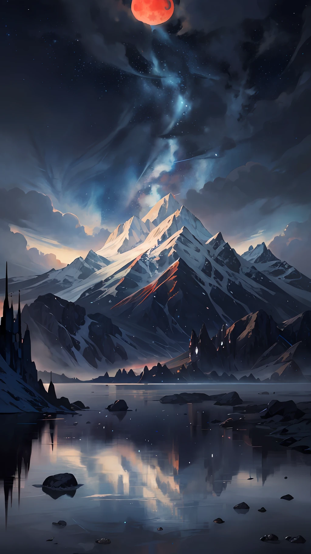 Starry Sky with Mountains and Lakes, Jessica Rosille, inspired by Jessica Rosille, Jessica Rosier Fantasy Art, Concept Art Magic Highlights, Official Art Works, (Red Moon), Dream Painting, Ethereal Realm, Atmospheric Art Works, Fantastic Matte Paintings, Serenity of Endless Stars, Inspired by Ted Nasmith, Starry Sky Environment in Moonlight, Epic Music Album Cover.