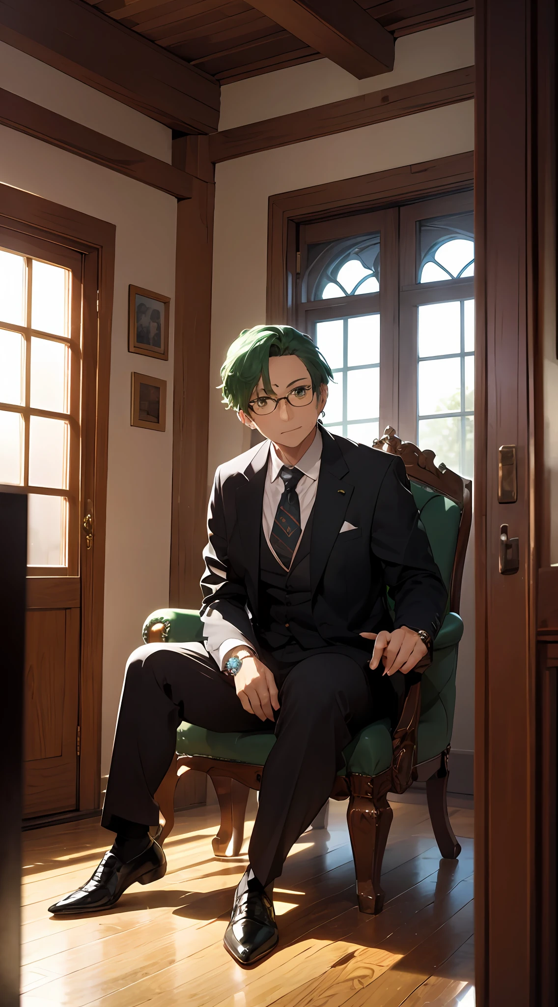 1 male. Middle-aged, elderly, tall, tall. Glasses. Narrow eyes, deep green hair color, medium hair. Suits, embroidery. Sit on the throne. Jewelry rings, jewelry necklaces. villain