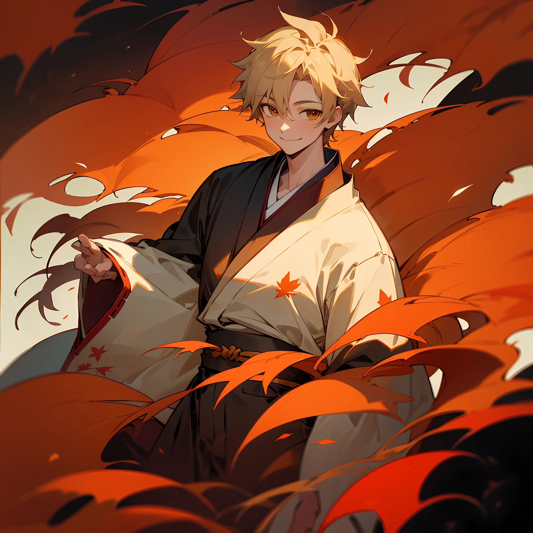 Red and yellow with details and embroidery of autumn maple leaves, autumn spirit, Japanese, anime, drawing, anime, boy smiling with red and yellow yukata, with autumn embroidery
