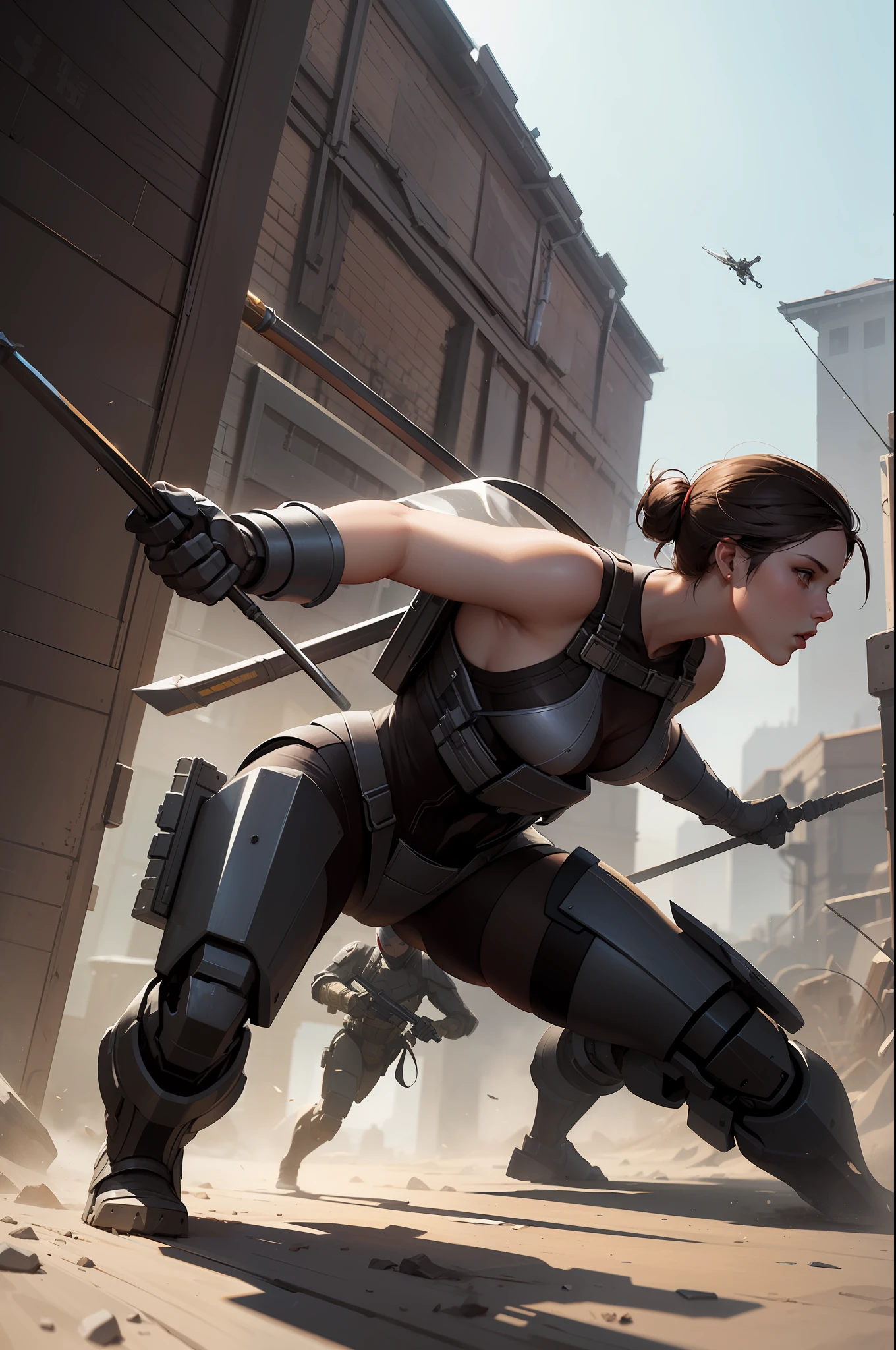Half-mechanical girl, mechanical quads, combat weapons, fighting enemies with spears, digital painting, concept art, sharp focus, from Metal Gear, in the style of Ruan Jia and Mandy Jurgens and Greg Rutkowski and Artgerm and William-Adolphe Bouguerea