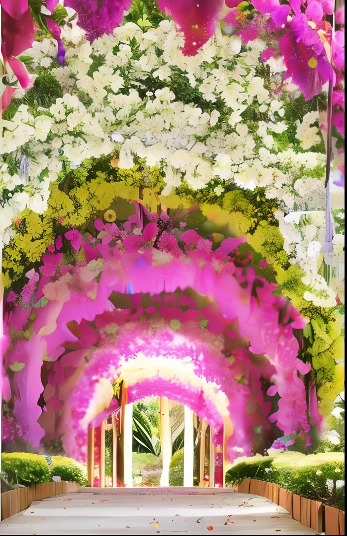 a close up of a walkway with flowers and trees in the background, surreal waiizi flowers, explosion of flowers, beautiful flowers, explosion of colorful flowers, the grand temple of flowers, floral environment, flowers sea everywhere, flowers!!!!, blossoming path to heaven, magical colorful flowers, colourful flowers, flowers garden, floral flowers colorful, covered with flowers