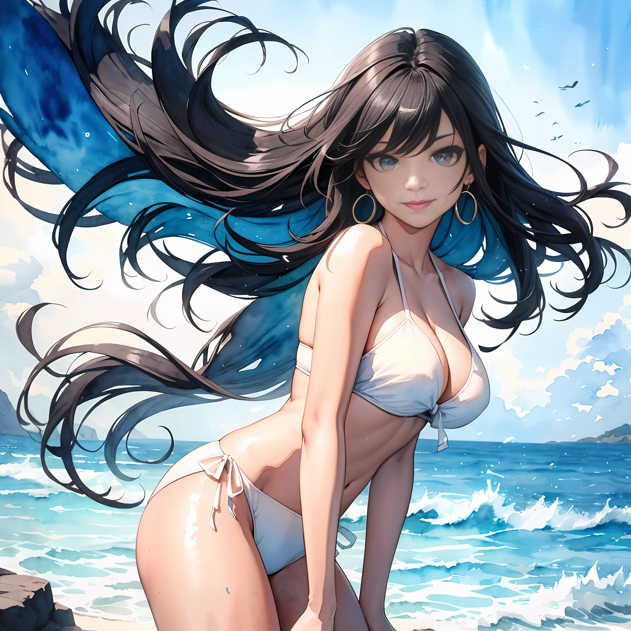 (best texture:1.2),1woman playing in the Breezy Beach,Wind,absurdres,high definition,an extremely delicate and beautiful,
,((masterpiece)), ((best quality)), (ultra-detailed), ((so cool)), cute, ((extremely detailed)), 4K, (8K), best quality, (beautiful),((perfect face,perfect body)), toned body,slim body,illustration, pencil drawing, ink splash,(watercolor pencil2:1.4), Angelic Smile,
dynamic angle,full body, colorful, a pretty woman,earrings , colored inner hair,beautiful blueyish black hair,extra long hair, colored inner hair,straight hair,beautiful blueyish black eyes,((beautiful tilted eyes)), white-skinn, long-skirted red bikini