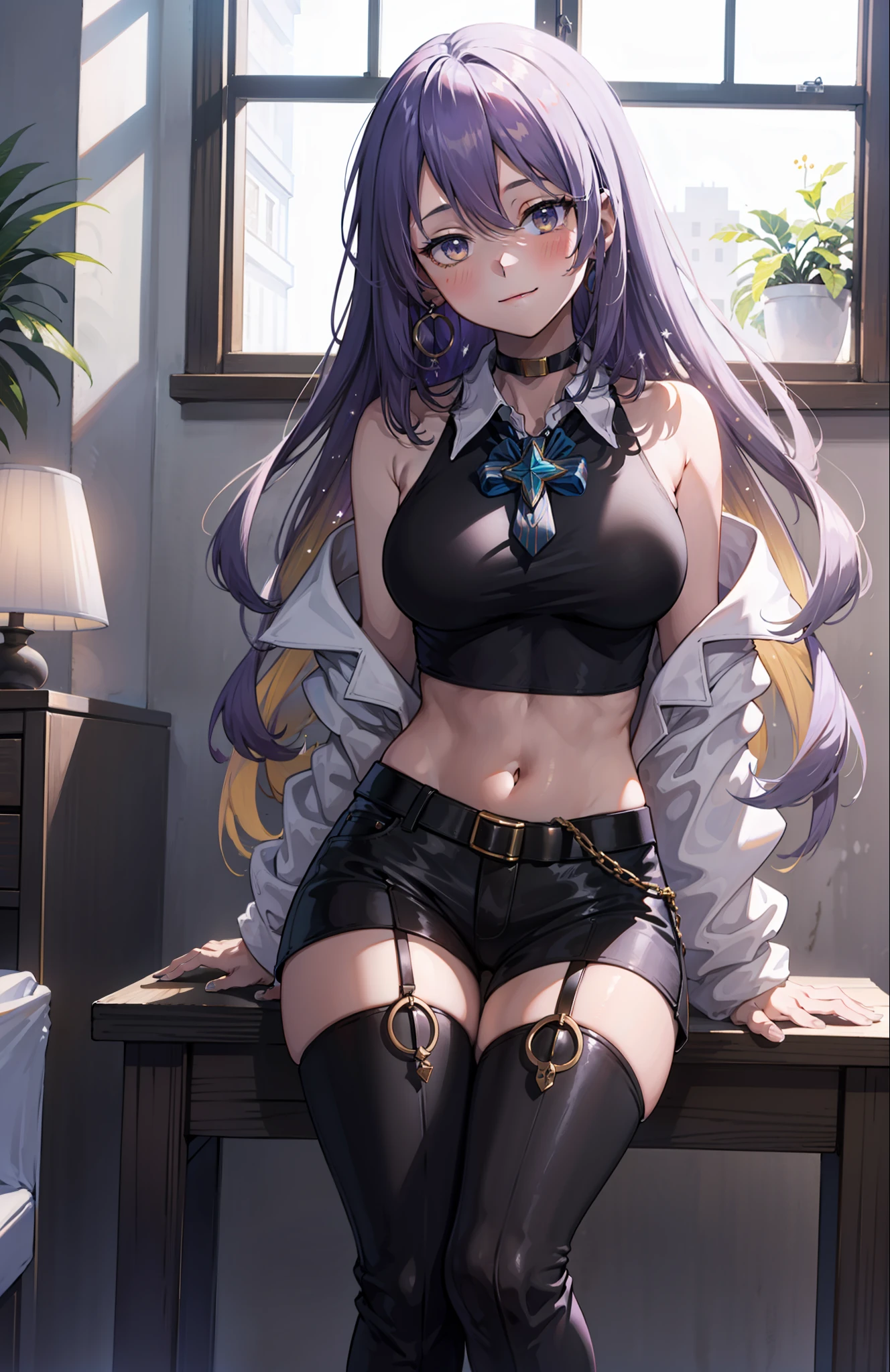 1girl, Moona Hoshinova, purple long hair, white jacket, short jeans pants, short pants, crop top, show stomach, bedroom, window, pillow, bed, sitting, (masterpiece:1.2), highres, best quality, 8k, sexy pose, blush, shy, smile, v neck shirt, show middle boobs, breat out, stocking, very short pants,