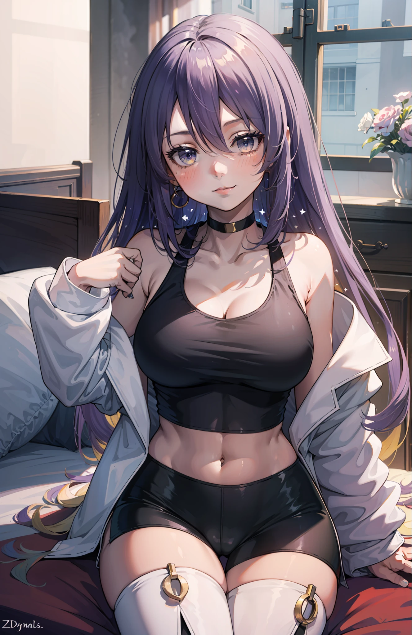 1girl, Moona Hoshinova, purple long hair, white jacket, short jeans pants, short pants, crop top, show stomach, bedroom, window, pillow, bed, sitting, (masterpiece:1.2), highres, best quality, 8k, sexy pose, blush, shy, smile, v neck shirt, show middle boobs, breat out, stocking, very short pants,