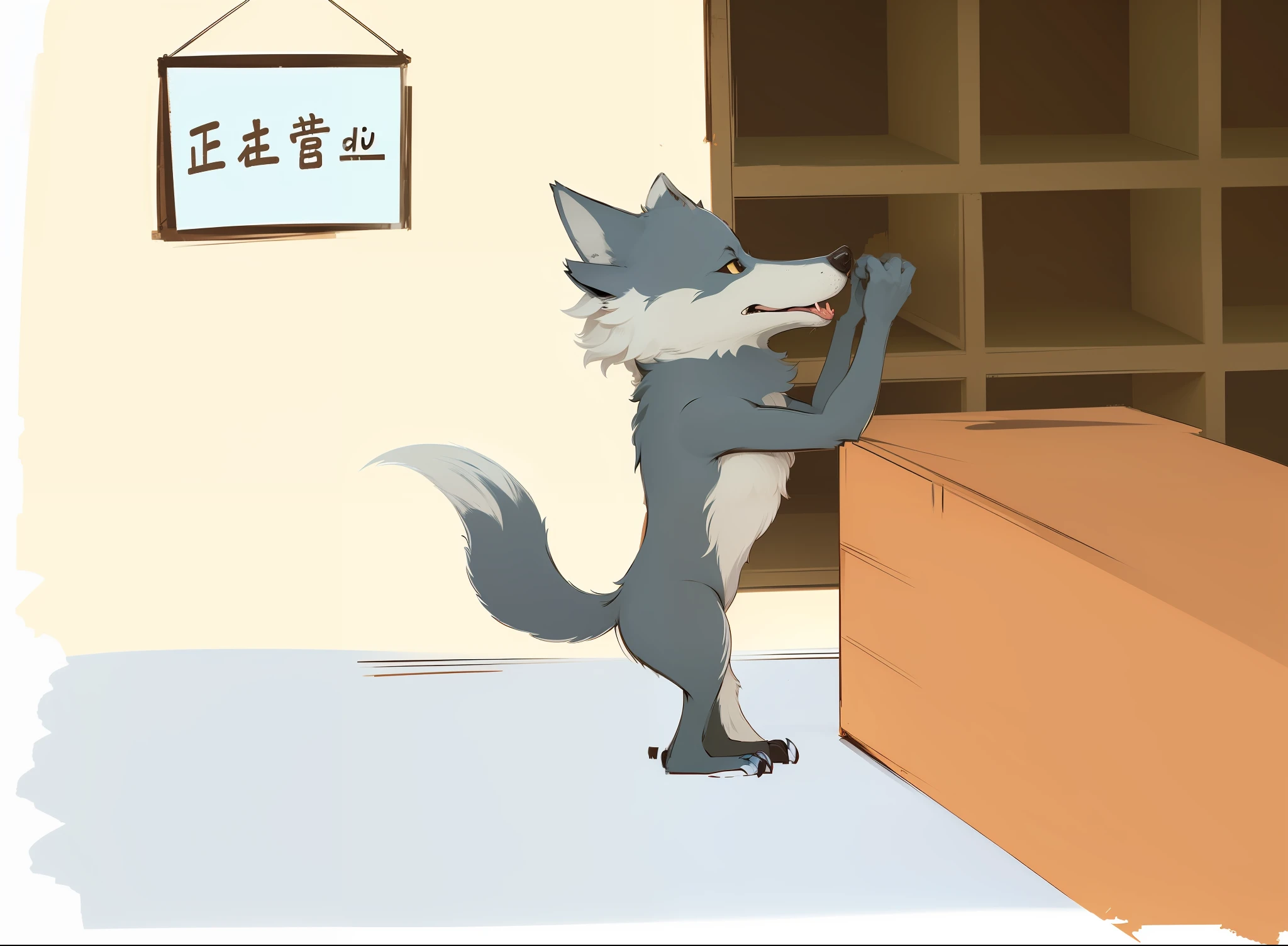 Wolf, side, shop, eat, cartoon insertion, anthropomorphic wolf