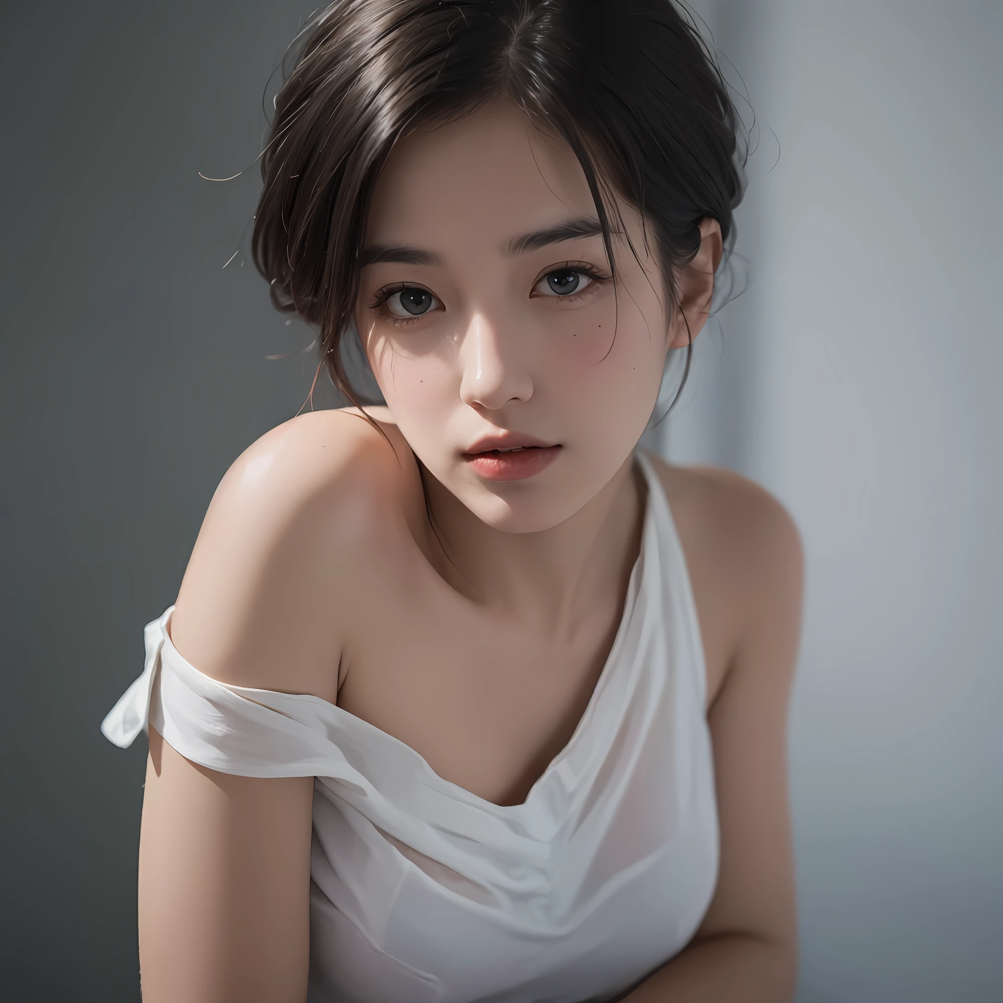 Best quality, masterpiece, ultra high res, (photorealistic:1.5), raw photo, 1girl, offshoulder, in the dark, deep shadow, low key, cold light, sexy look, short hair