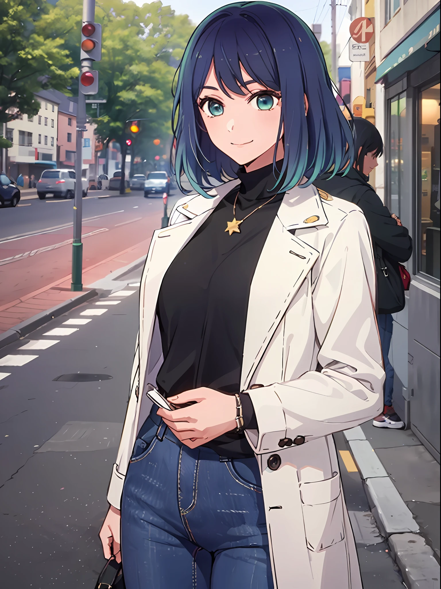 (Photos RAW, Top Quality, Masterpiece), (Real, Photoreal), 1 Girl, Solo, Akane, Blue Hair, Long Sleeves High Neck Black, Coat, Jeans, 3D, Realistic, Live Action, CG, Shiny Hair, Flowing Hair, Lustrous Skin, Smile, Star in Pupil of Eyes
