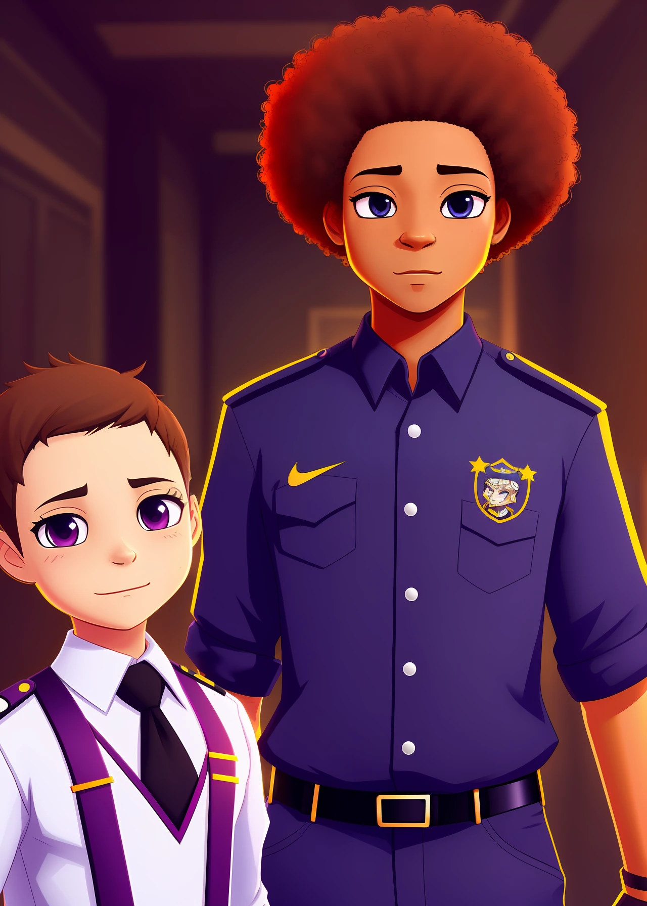 Purple uniform, night guard. Brown hair, curly hair, afro. Micheal afton, DARK SKIN