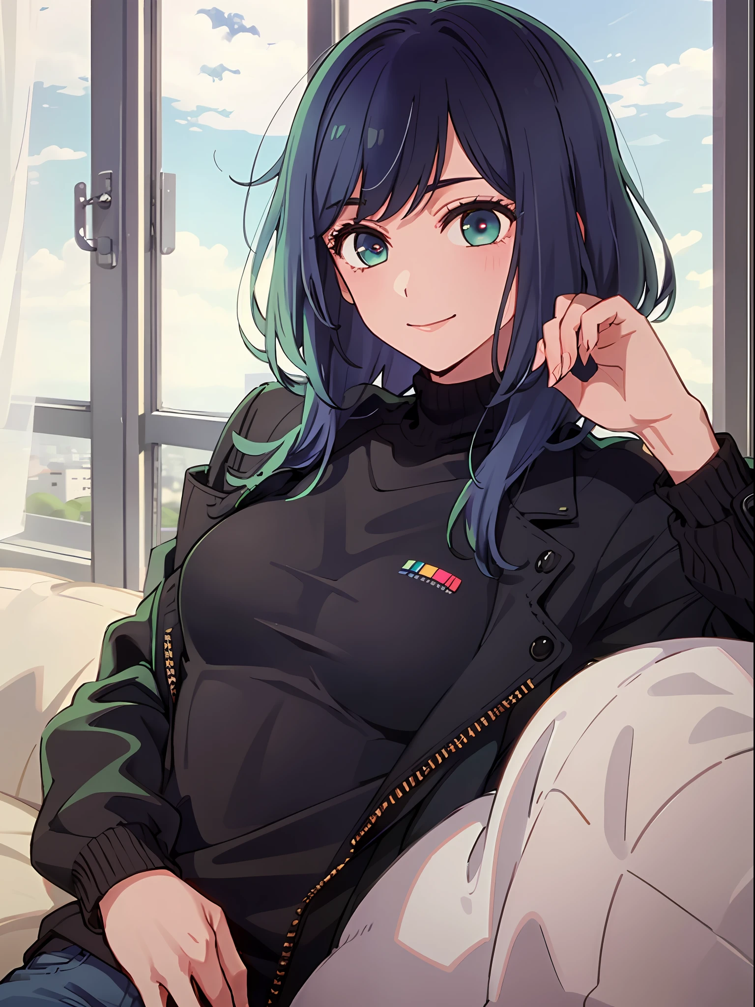 (Photos RAW, Top Quality, Masterpiece), (Real, Photoreal), 1 Girl, Solo, Akane, Blue Hair, Long Sleeves High Neck Black, Coat, Jeans, 3D, Realistic, Live Action, CG, Shiny Hair, Flowing Hair, Lustrous Skin, Smile, Star in Pupil of Eyes