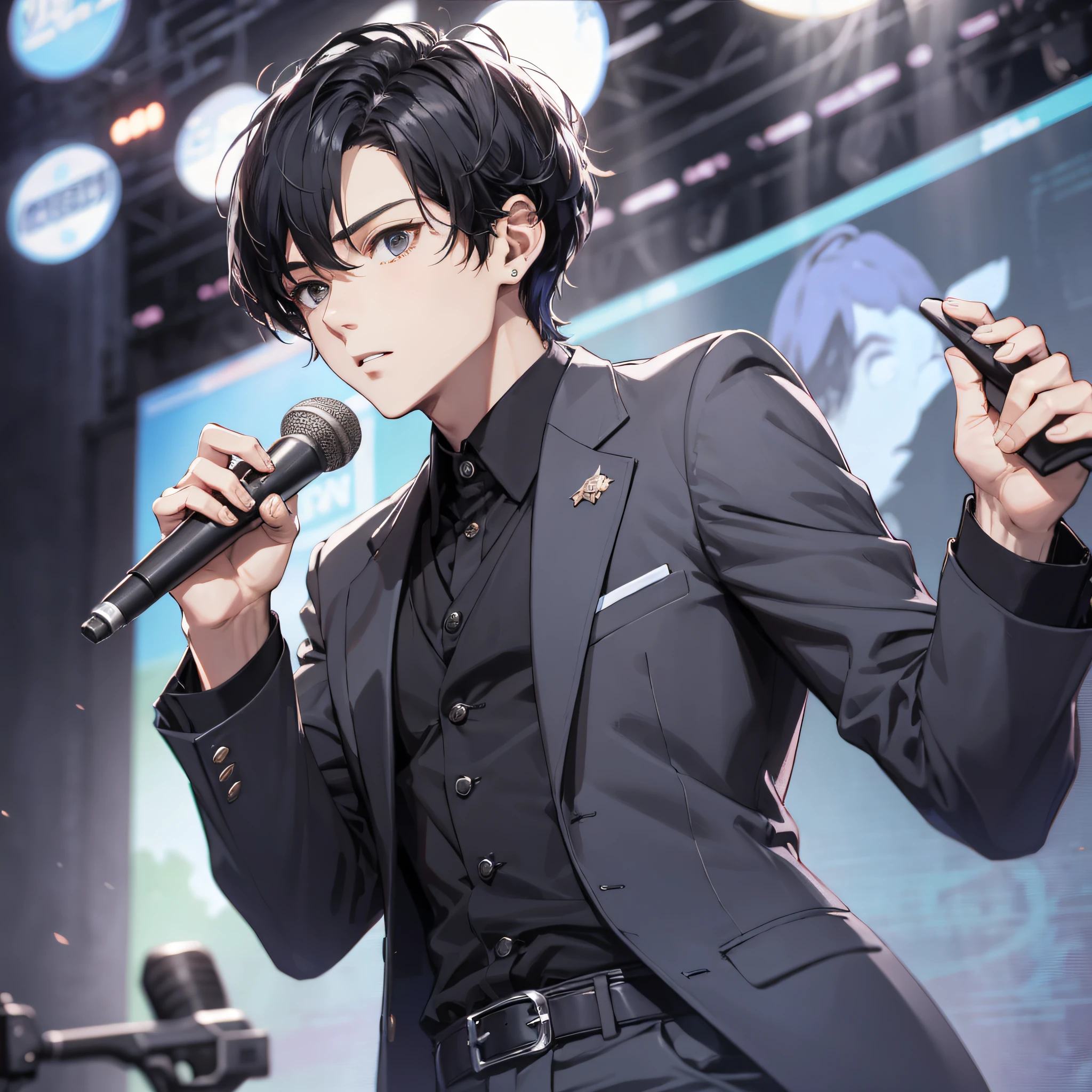 Ridiculous resolution, high resolution, (masterpiece: 1.4), hyper-detail, talk show stage, young man neat short black hair, black suit, holding a microphone, serious expression