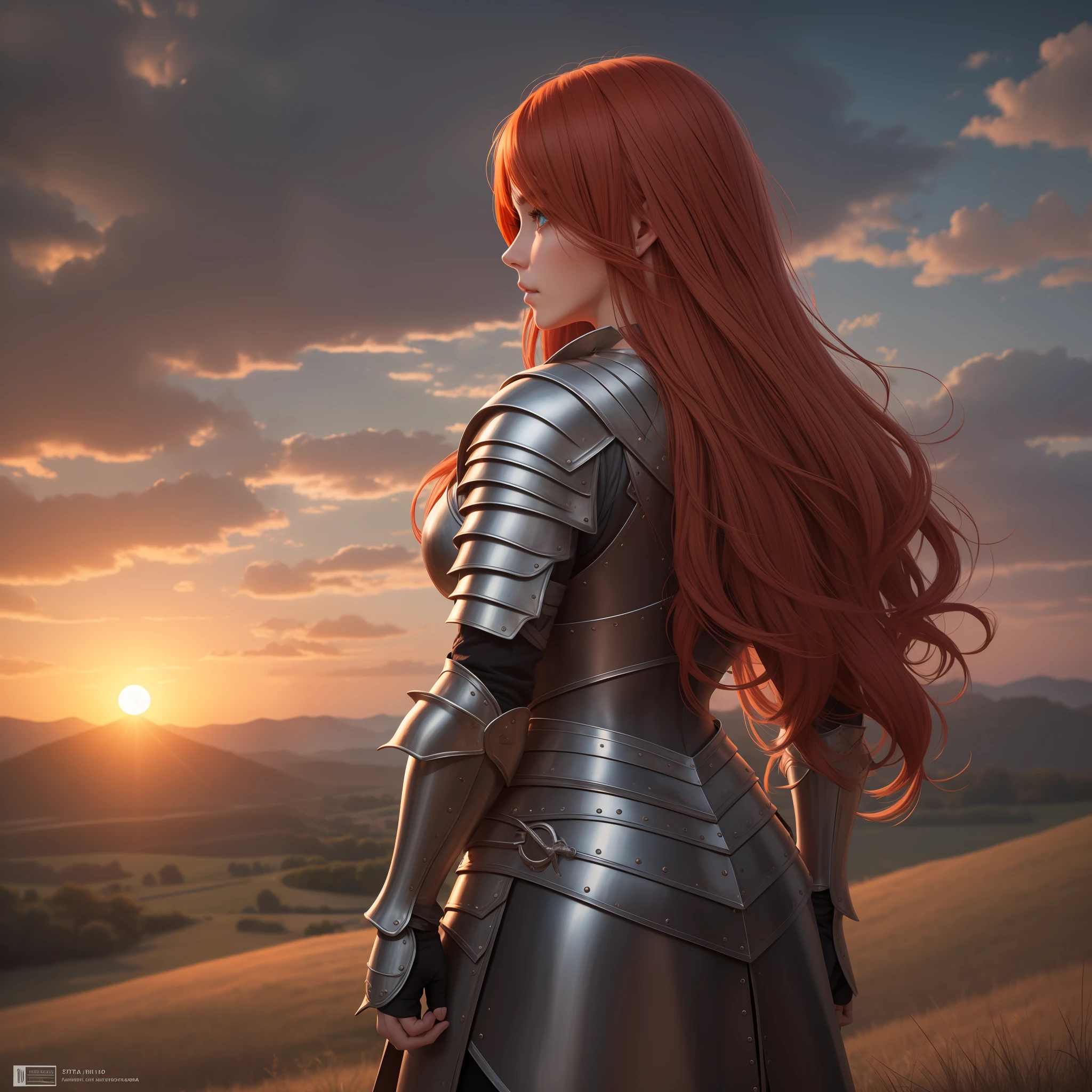 Ultra realistic, 4K, detailed, red-haired woman, loose hair in medieval armor, back watching the sunset on a hill