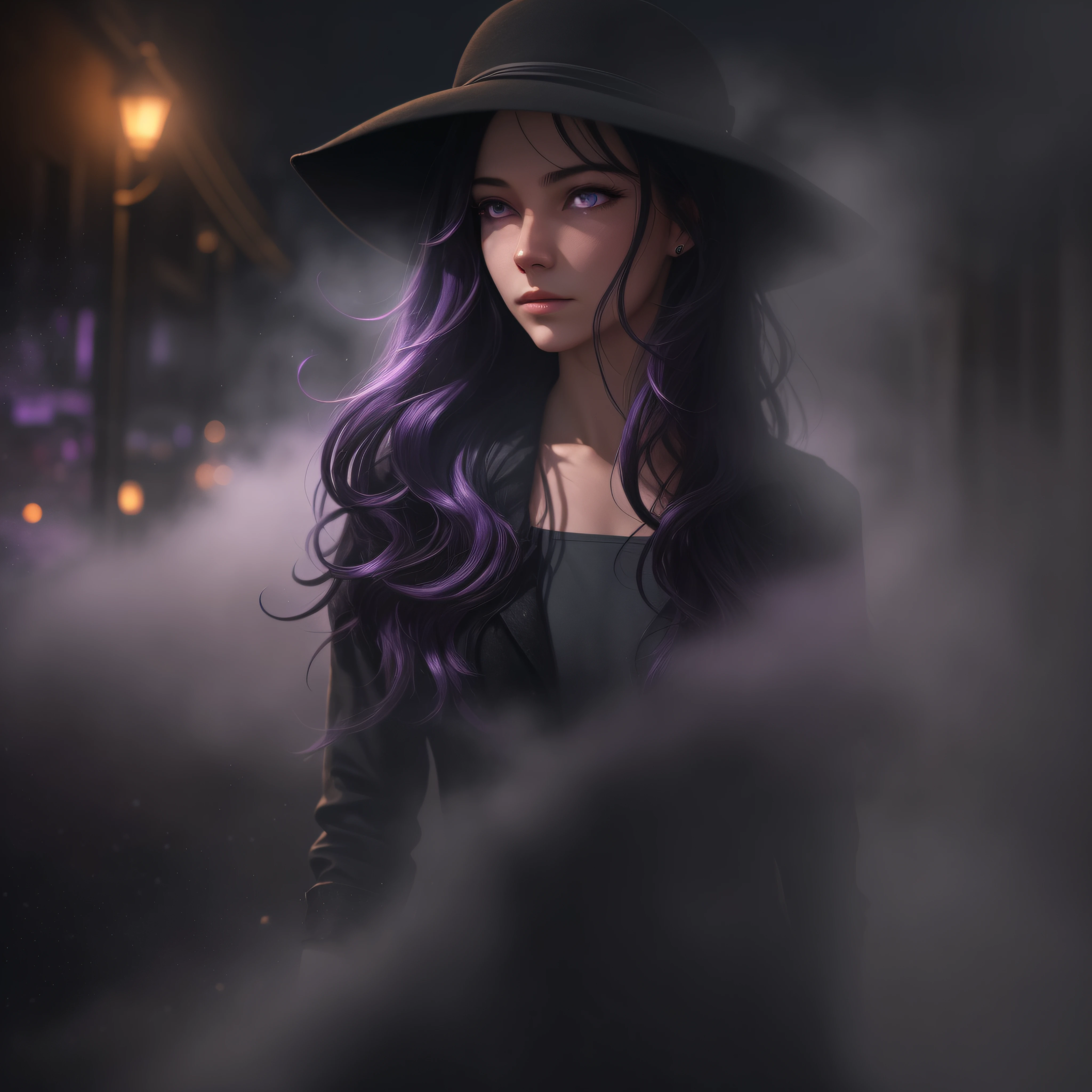 Woman walking head-on down a road at night, with fog and shadows, wavy and long black hair, detailed hand and fingers, high quality, ultra-detailed, 8k, masterpiece, (volumetric lighting), black magic, fanciful, lilac colors, purple, black and vivid shadows on the woman's return. --auto --s2