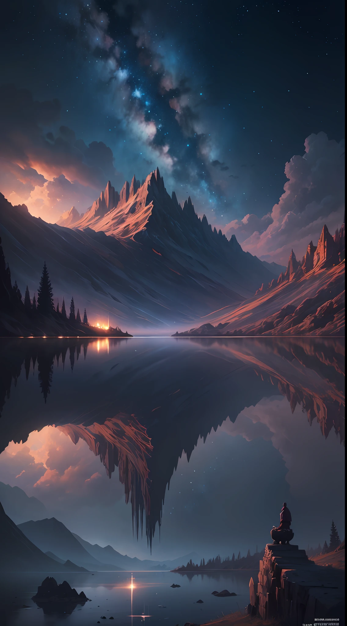 starry night sky with stars and mountains reflected in a lake, 4k highly detailed digital art, 8k stunning artwork, 4k detailed digital art, 8k high quality detailed art, dan mumford and albert bierstadt, epic fantasy sci fi illustration, anton fadeev and dan mumford, sci-fi fantasy wallpaper, impressive fantasy landscape, 8k hd wallpaper digital art