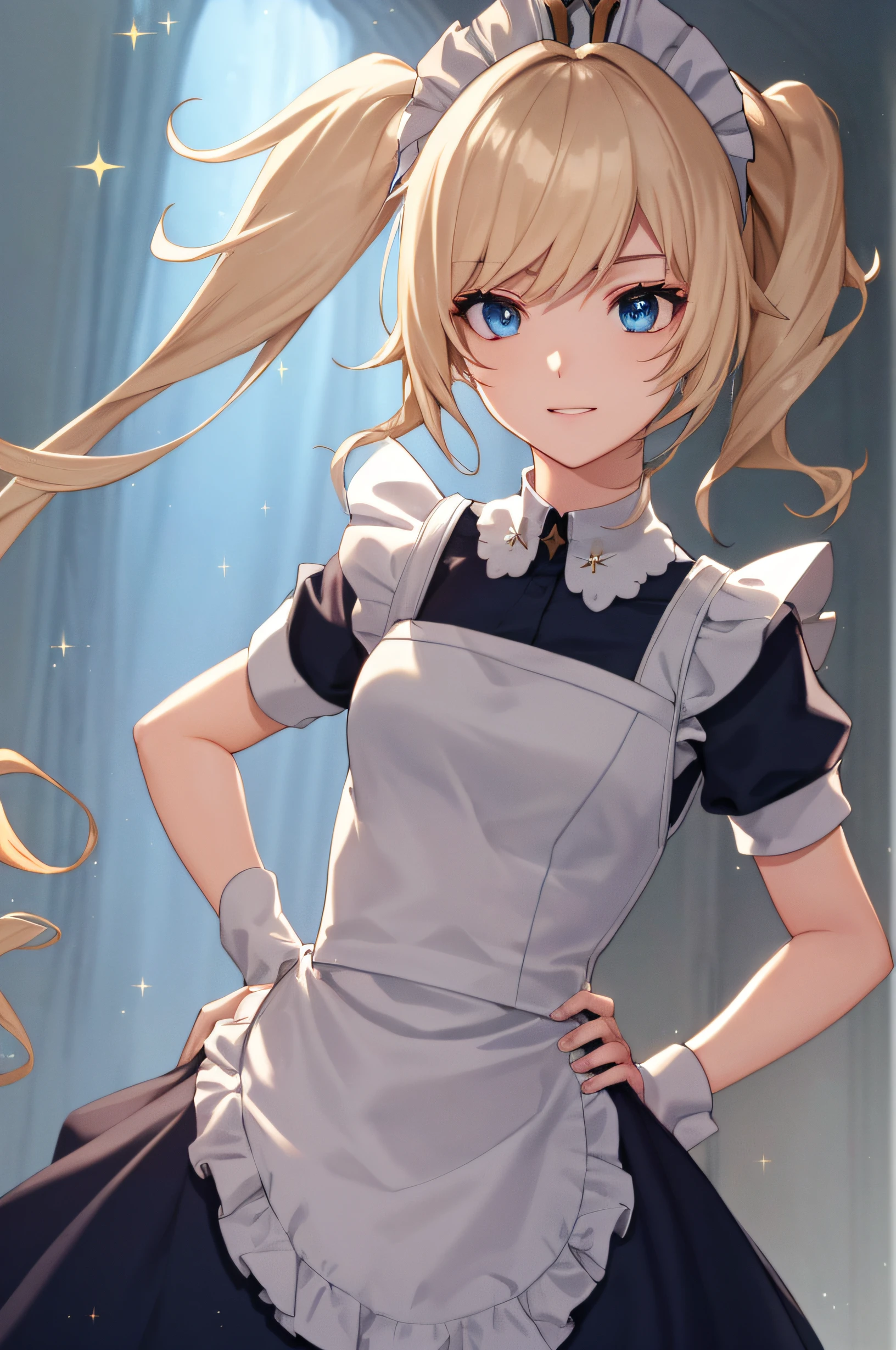 Barbara (genshin impact\), teen, blonde hair, intense angles, twin tails, cowboy shots, (anime, highly detailed CG unity 8k wallpaper, masterpiece, best quality, super detail, best shadows, volume lighting), (beautiful detail face, fine eyes are beautiful), high contrast, (best lighting, very delicate and beautiful), hands on hips, smilecute, ((tutu)), ballet dress, hair ornament, sparkle, maid headdress, beautiful background, sparkle background, indoors, open window, warm,