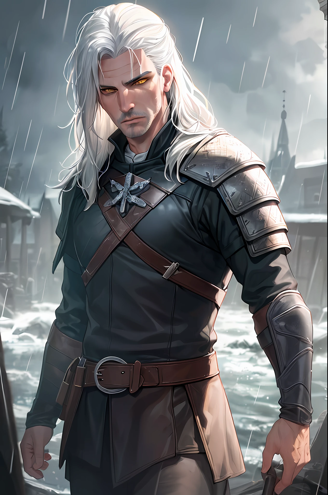 kk, best quality, more details, masterpiece, 1boy, geralt river, portrait, male focus, yellow eyes, solo, long hair, looking at viewer, leather armor clothing, white hair, rain, medieval fantasy, polish, black cover white hair, luxurious, 8k, detailed, ray tracing, depth of field, cinematic lighting,
