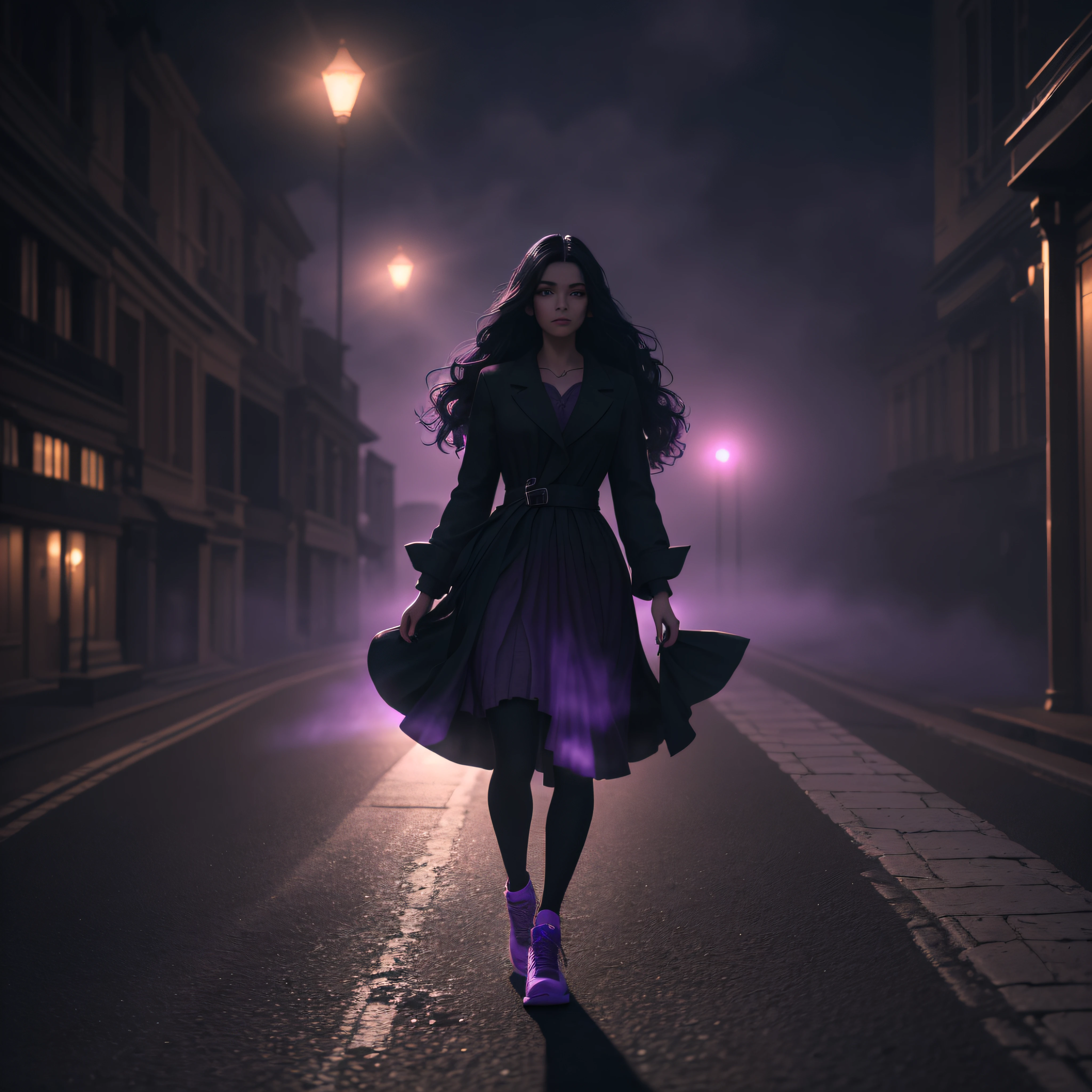 Woman walking head-on down a road at night, with fog and shadows, wavy and long black hair, detailed hand and fingers, high quality, ultra-detailed, 8k, masterpiece, (volumetric lighting), black magic, fanciful, lilac colors, purple, black and vivid shadows on the woman's return. --auto --s2
