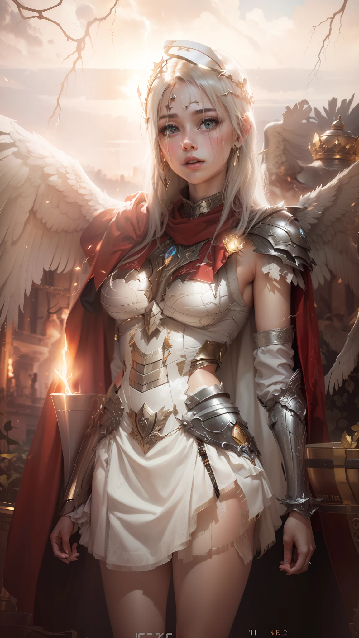 (Original photo: 1.2), (Sky, Flight, White Angel Wings: 1.5), (hair_ornament, hairpins, jewelry), (Behind arm: 1.4), (Lightning, electricity), (Necklace), (Earrings), (Perfect Figure: 1.1), Detailed clothing texture, (Crown: 1.5), Milky skin, (Ultra High resolution, realistic, Realistic: 1.3), (Half armor, short skirt, red cape: 1.3), Masterpiece, extremely delicate beauty, CG, Unified, mature female, fine details, extremely detailed CG Unity 8k wallpaper, huge file size, (1 girl), (solo exhibition), (view viewer: 1.5), (full body: 1.1),