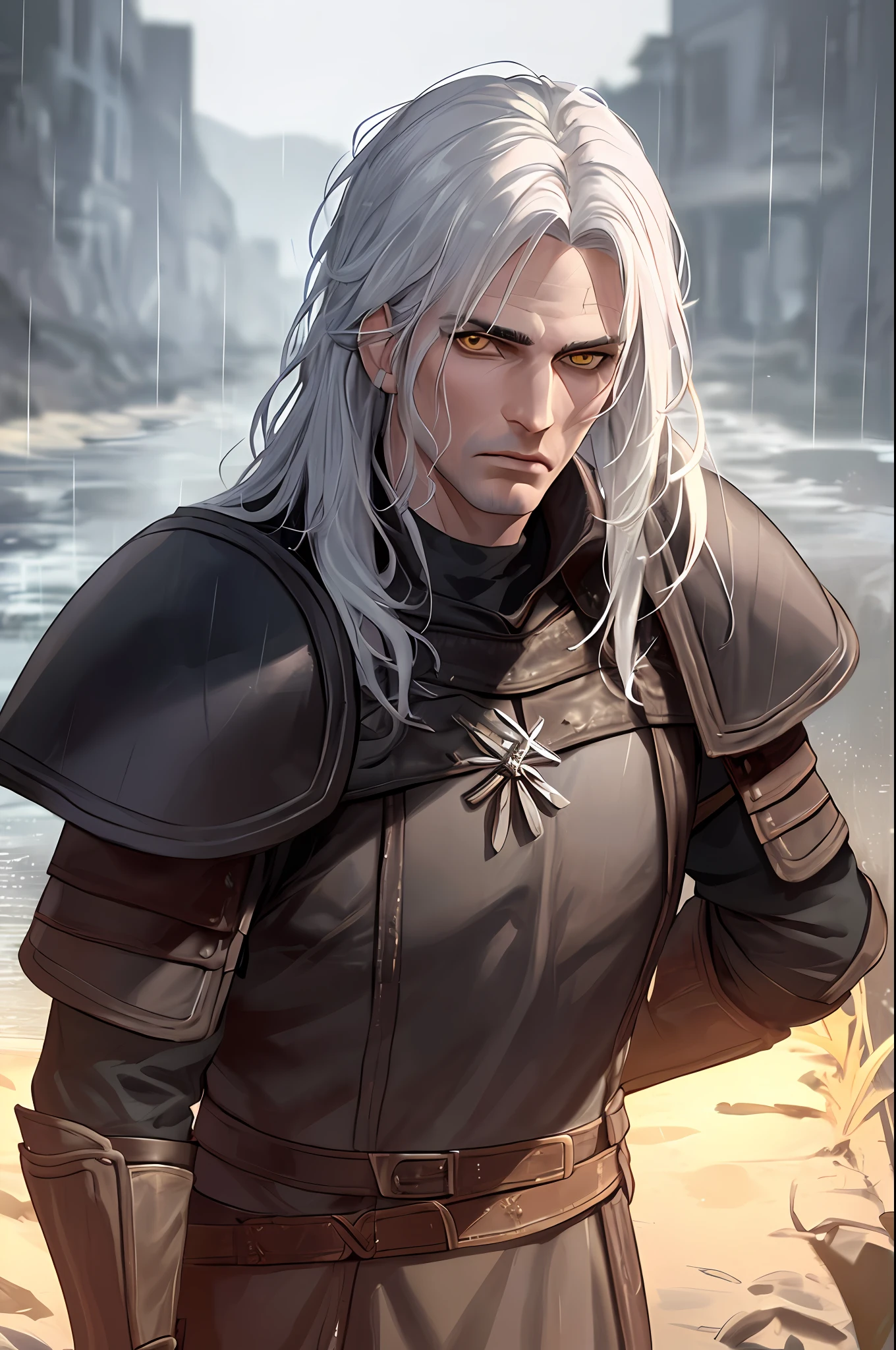 kk, best quality, more details, masterpiece, 1boy, geralt river, portrait, male focus, yellow eyes, solo, long hair, looking at viewer, leather armor clothing, white hair, rain, medieval fantasy, polish, black cover white hair, luxurious, 8k, detailed, ray tracing, depth of field, cinematic lighting,