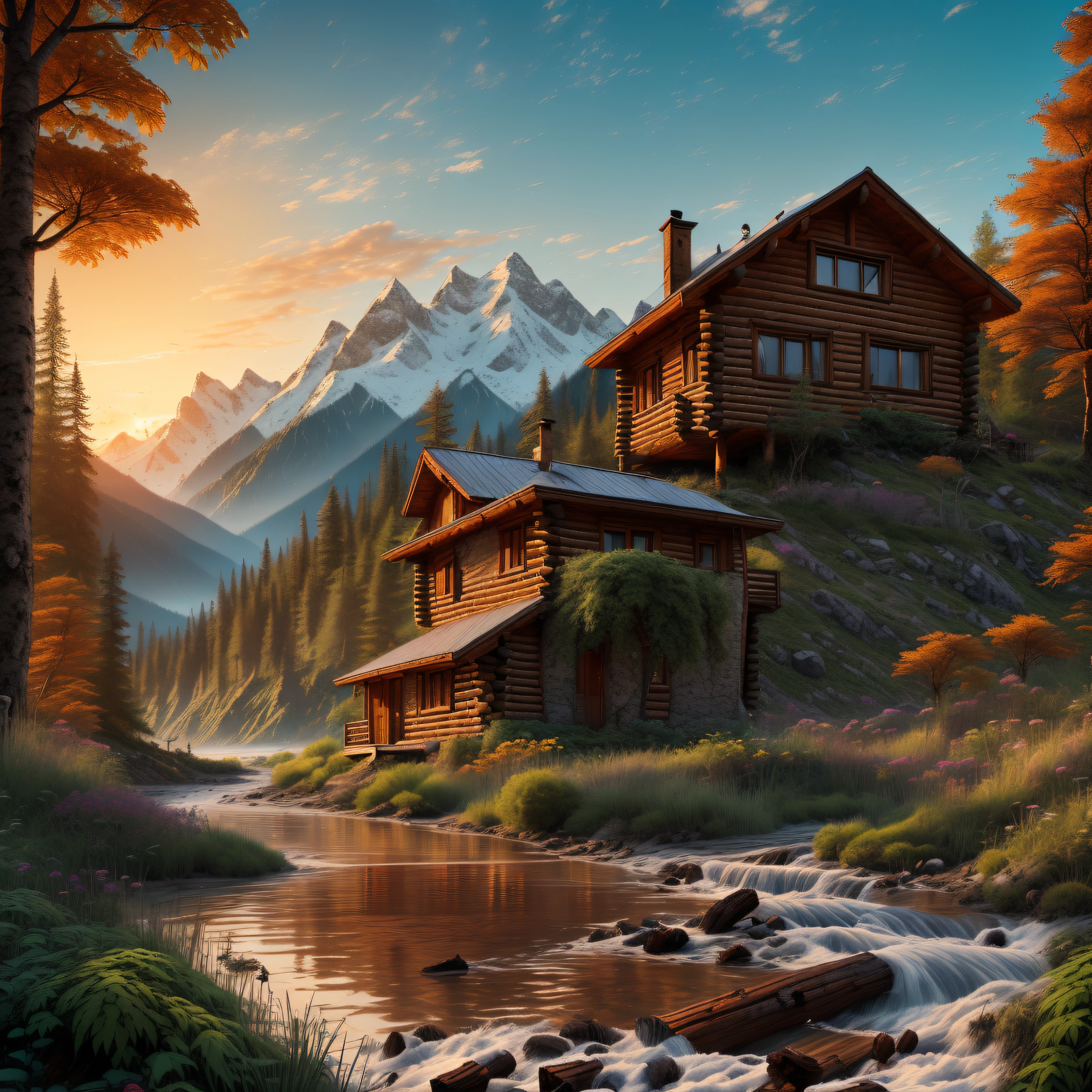 (a straight on view the mountain in the main thing in the background and the river flows down to the ocean im standing in and the log cabin is on the right side of me). a cinematically broken landscape stitched back together by marijuana vines a behemoth mountain is in the background with a winding river what cuts into the landscape at the end of the river is a ocean and a 1800s wrecked ship with naturalia surrounds the 1800s wooden wrecked ship. a small log cabin up along the river has a fence with some marijuana plants growing and some smoke coming from the chimney. photographed by Joshua Holford Photography Award winning detail and flare 8k. using a Panasonic dc-fz80 ((mountains in the background with a log cabin on the bank of a river, log houses built on hills, wood cabin in distance, log cabin beneath the alps, by Aleksander Gierymski, near lake baikal, by Alexander Runciman, building along a river, mountains river trees, photo taken with sony a7r, russian landscape))(((there is a cabin on the shore of a lake with mountains in the background, log cabin beneath the alps, hd wallpaper, amazing wallpaper, high quality desktop wallpaper, by Franz Hegi, high quality wallpaper, nature wallpaper, beautiful oil matte painting, majestic nature scenery, amazing landscape, an amazing landscape image, beautiful wallpaper, max rive, very beautiful scenery)))