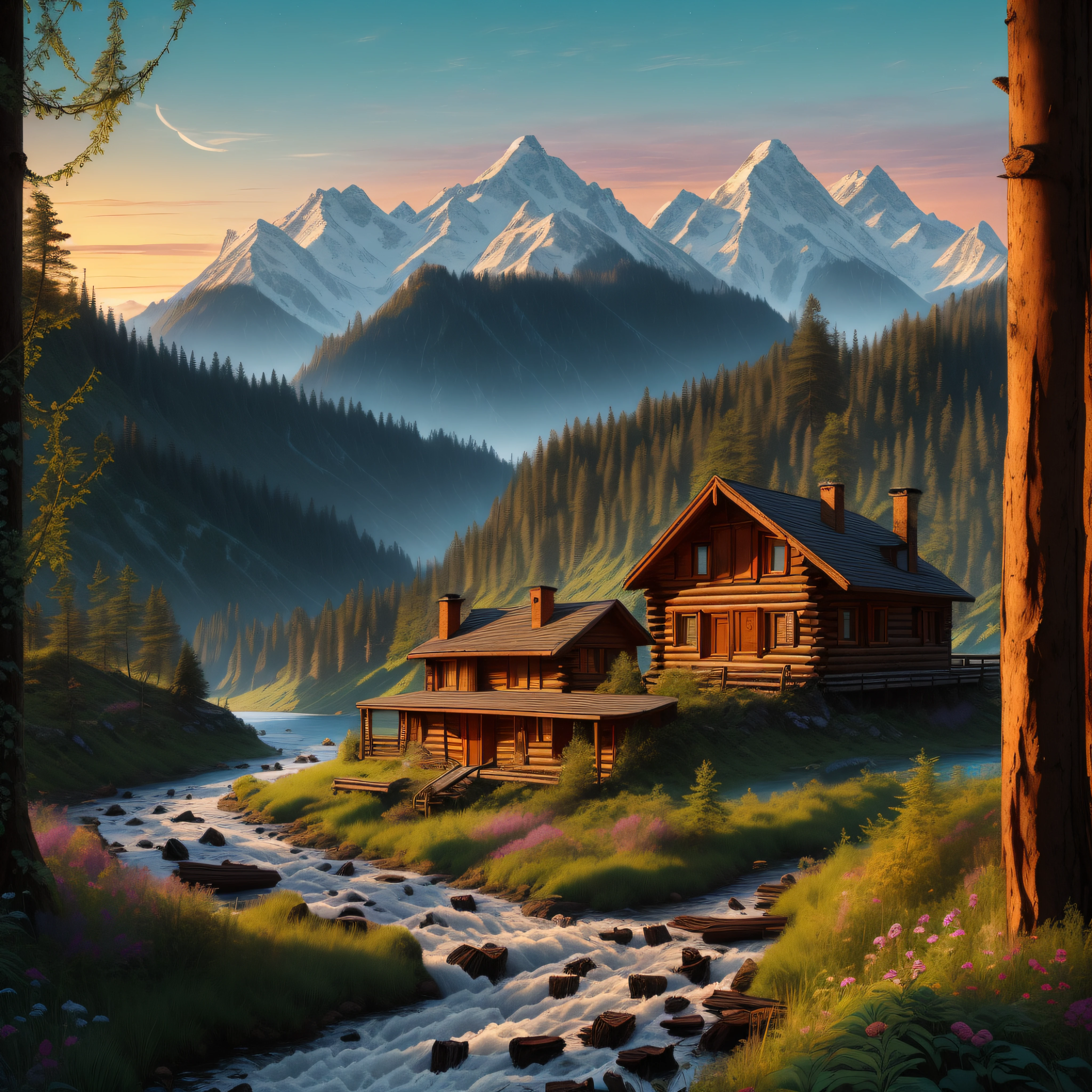 (a straight on view the mountain in the main thing in the background and the river flows down to the ocean im standing in and the log cabin is on the right side of me). a cinematically broken landscape stitched back together by marijuana vines a behemoth mountain is in the background with a winding river what cuts into the landscape at the end of the river is a ocean and a 1800s wrecked ship with naturalia surrounds the 1800s wooden wrecked ship. a small log cabin up along the river has a fence with some marijuana plants growing and some smoke coming from the chimney. photographed by Joshua Holford Photography Award winning detail and flare 8k. using a Panasonic dc-fz80 ((mountains in the background with a log cabin on the bank of a river, log houses built on hills, wood cabin in distance, log cabin beneath the alps, by Aleksander Gierymski, near lake baikal, by Alexander Runciman, building along a river, mountains river trees, photo taken with sony a7r, russian landscape))(((there is a cabin on the shore of a lake with mountains in the background, log cabin beneath the alps, hd wallpaper, amazing wallpaper, high quality desktop wallpaper, by Franz Hegi, high quality wallpaper, nature wallpaper, beautiful oil matte painting, majestic nature scenery, amazing landscape, an amazing landscape image, beautiful wallpaper, max rive, very beautiful scenery)))