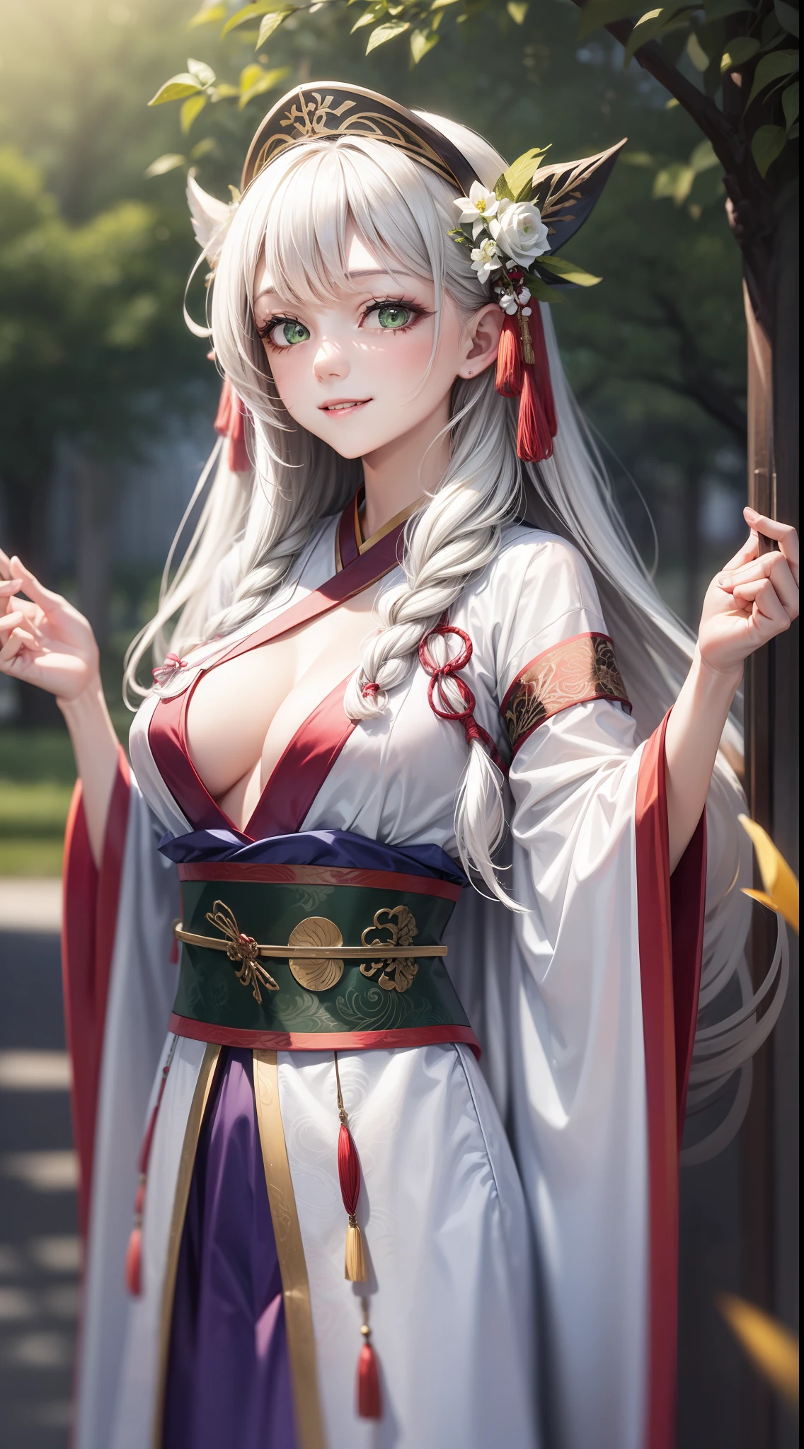 Adult girl, long white hair, green eyes, hanfu, open chest, smile, masterpiece, high quality