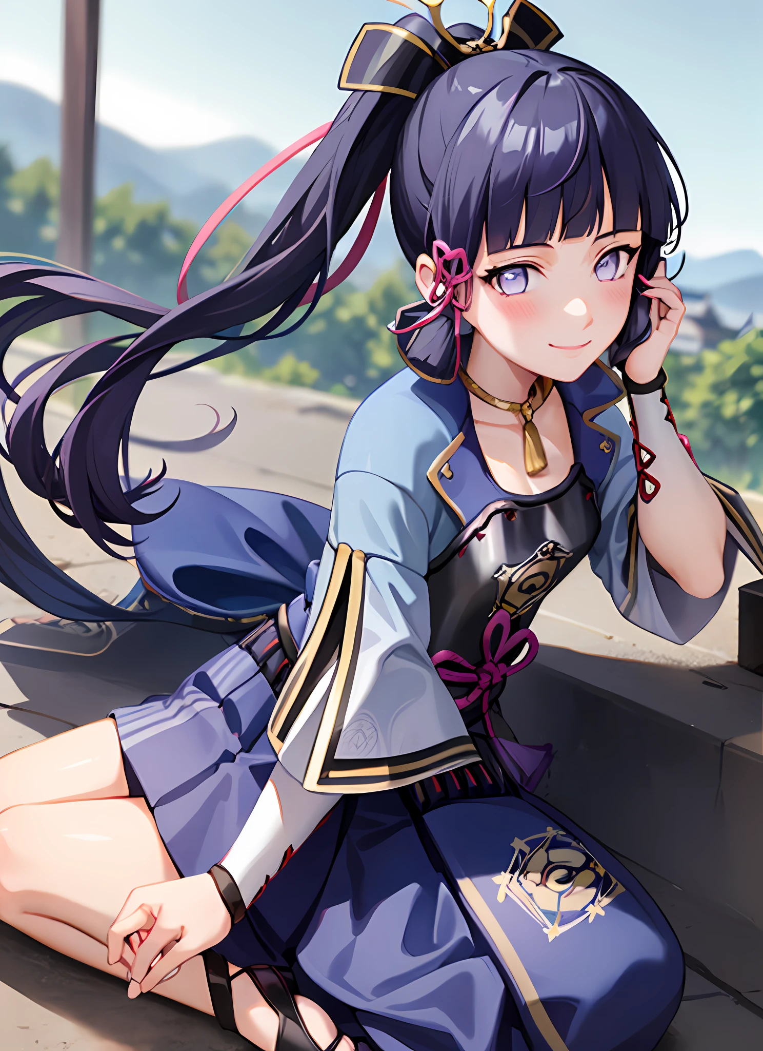 kamisatoayakadef, full body, standing, smile, blush, outdoors, day, simple background, blue sky, short hair, sky, temple, looking at viewer, sitting on stairs, mountain, moody lighting, purple eyes, (dark blue hair:1.3), hinata hyuga as kamisato ayaka