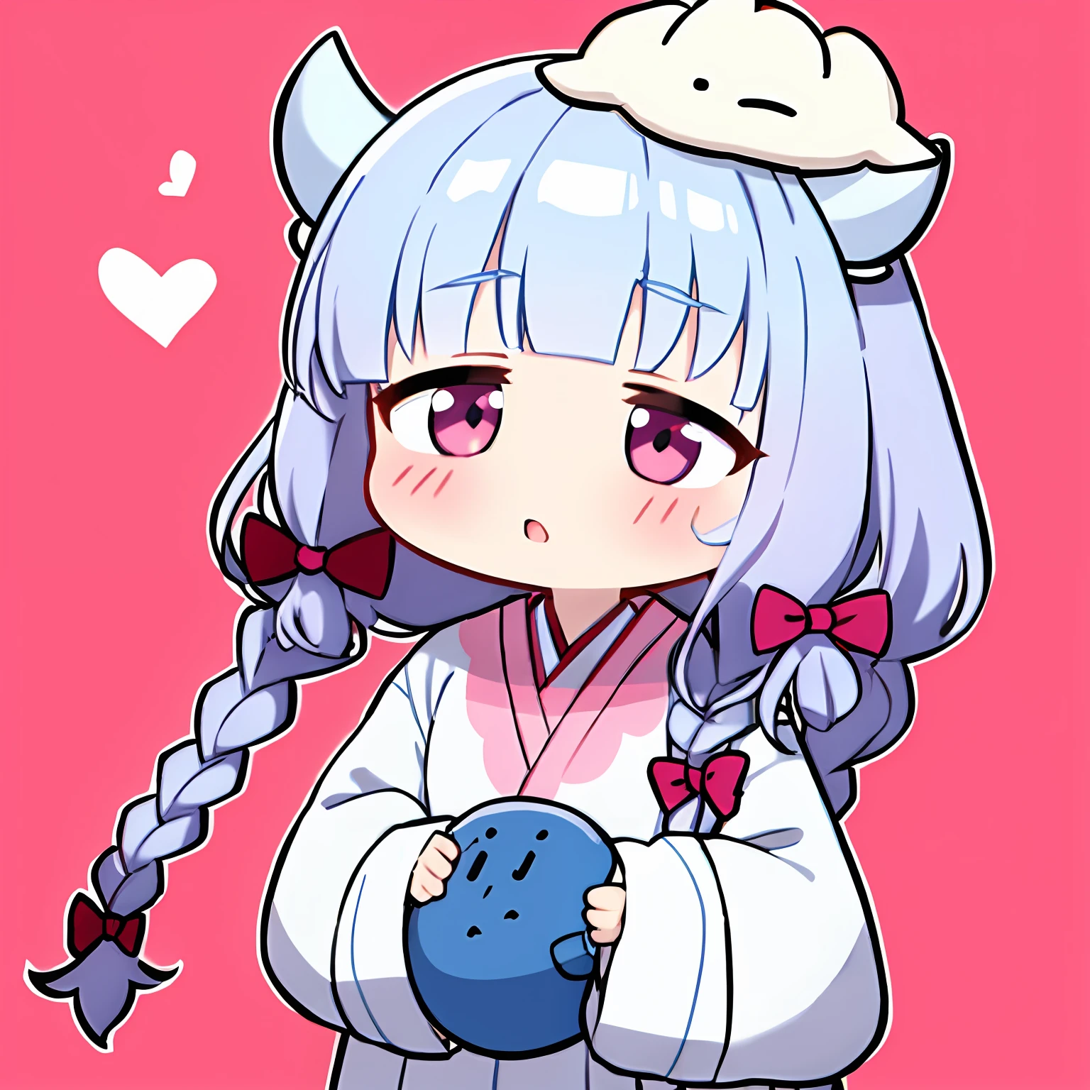 kanna kamui, chibi, solo, holding a heart and big red, white hair, Braids, pink dress, pink clothes, long sleeves, pink bow tie, pink bow on head, pink bow on head, horns, choker, white background