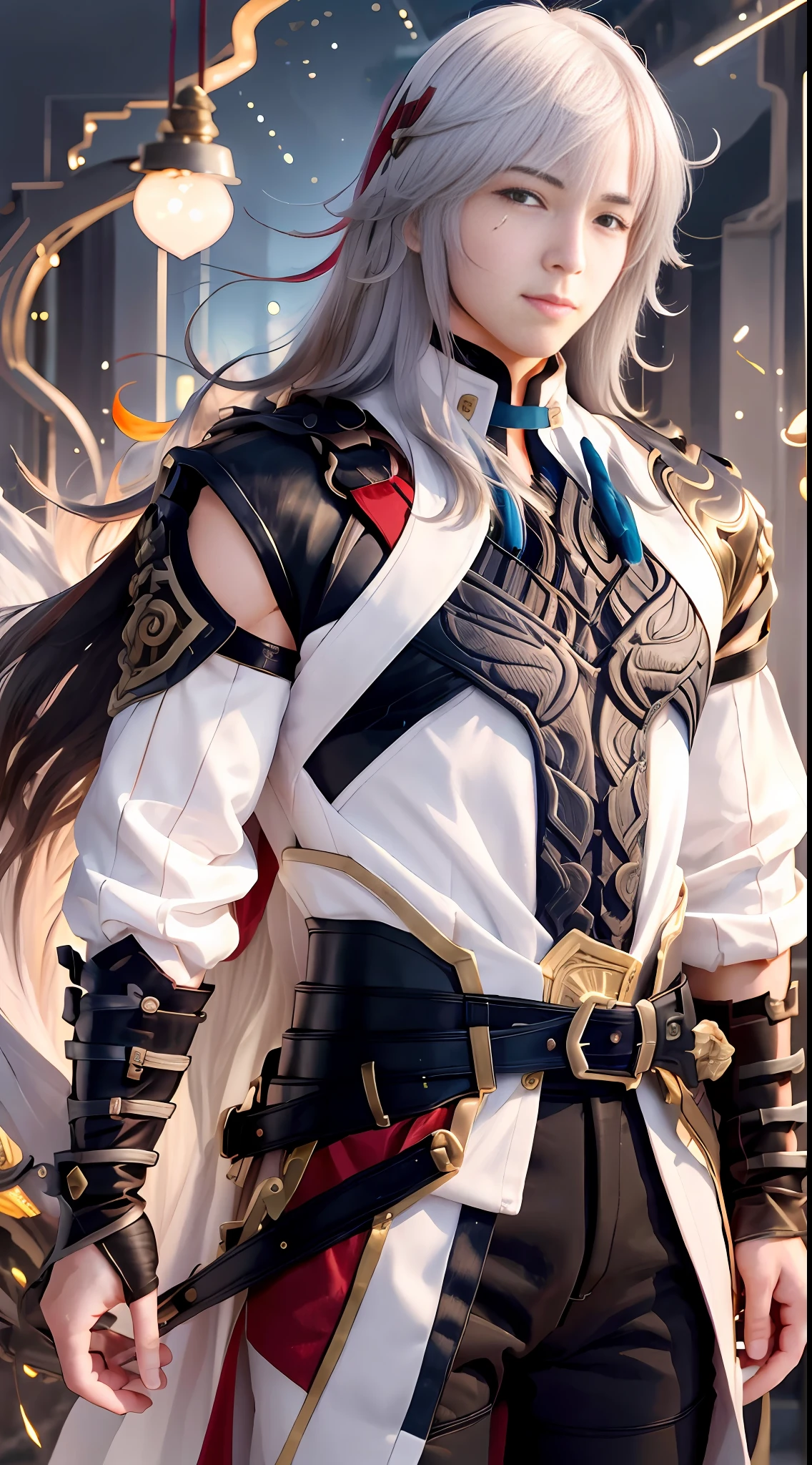 jing yuan(hsr), full body, hair over one eye, 1boy, long hair, white hair, closed mouth, solo, upper body, looking at viewer, smile, male focus,  yellow eyes , muscular male,