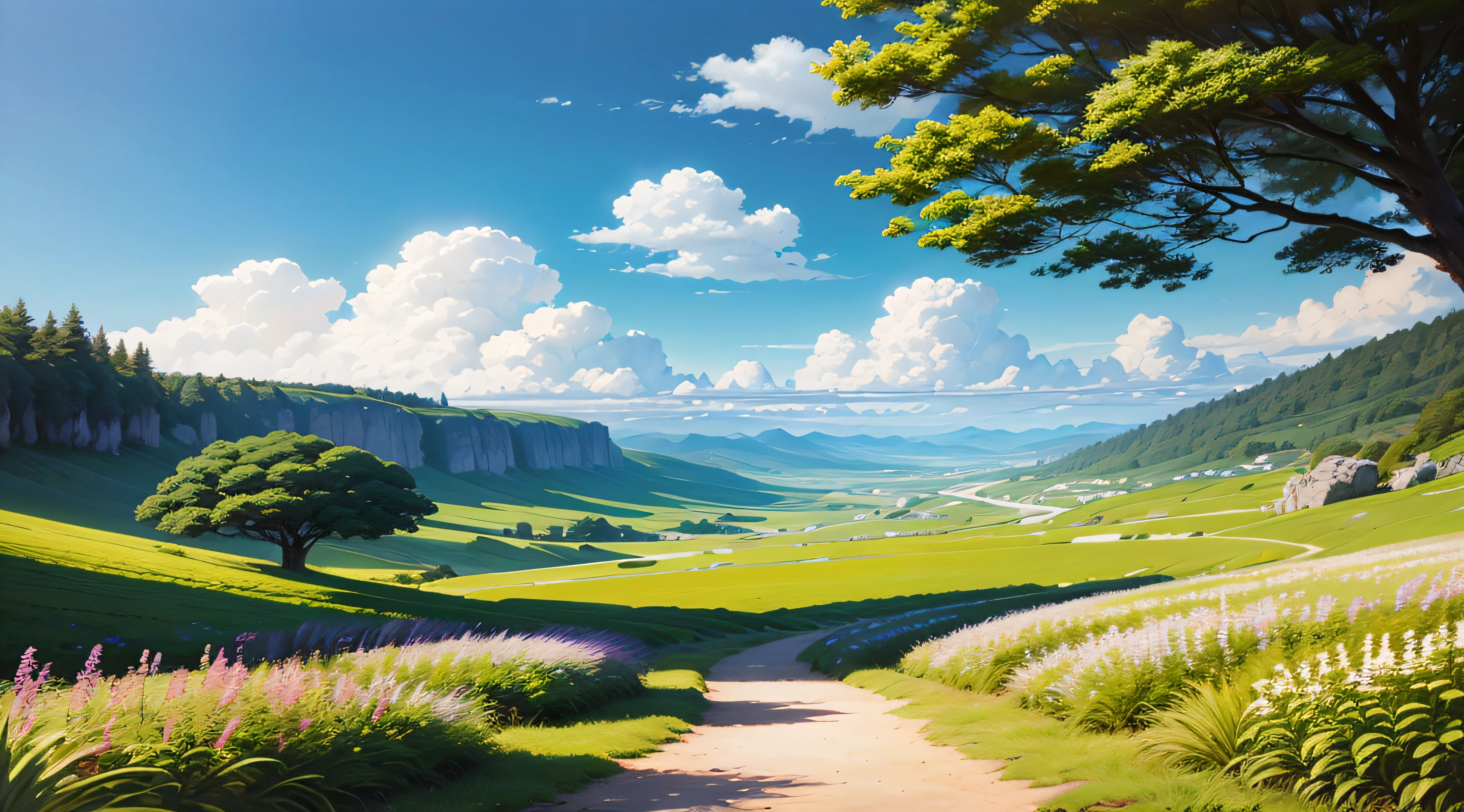 Realistic, authentic, beautiful and amazing landscape oil painting Studio Ghibli Hayao Miyazaki's petal grassland with blue sky and white clouds --auto --v6