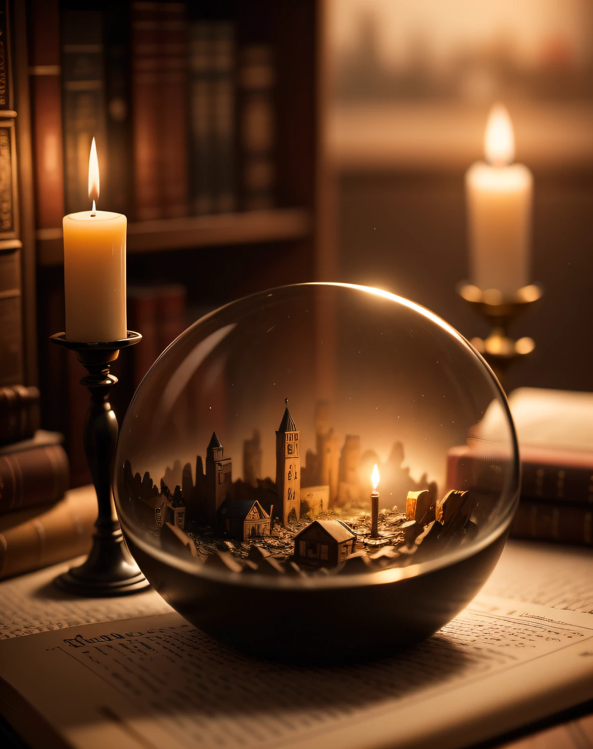 mini\(ttp\), (8k, RAW photo, best quality, masterpiece:1.2), city in ruins, miniature in a glass bowl among old books, candles out of focus, bookshelf out of focus,