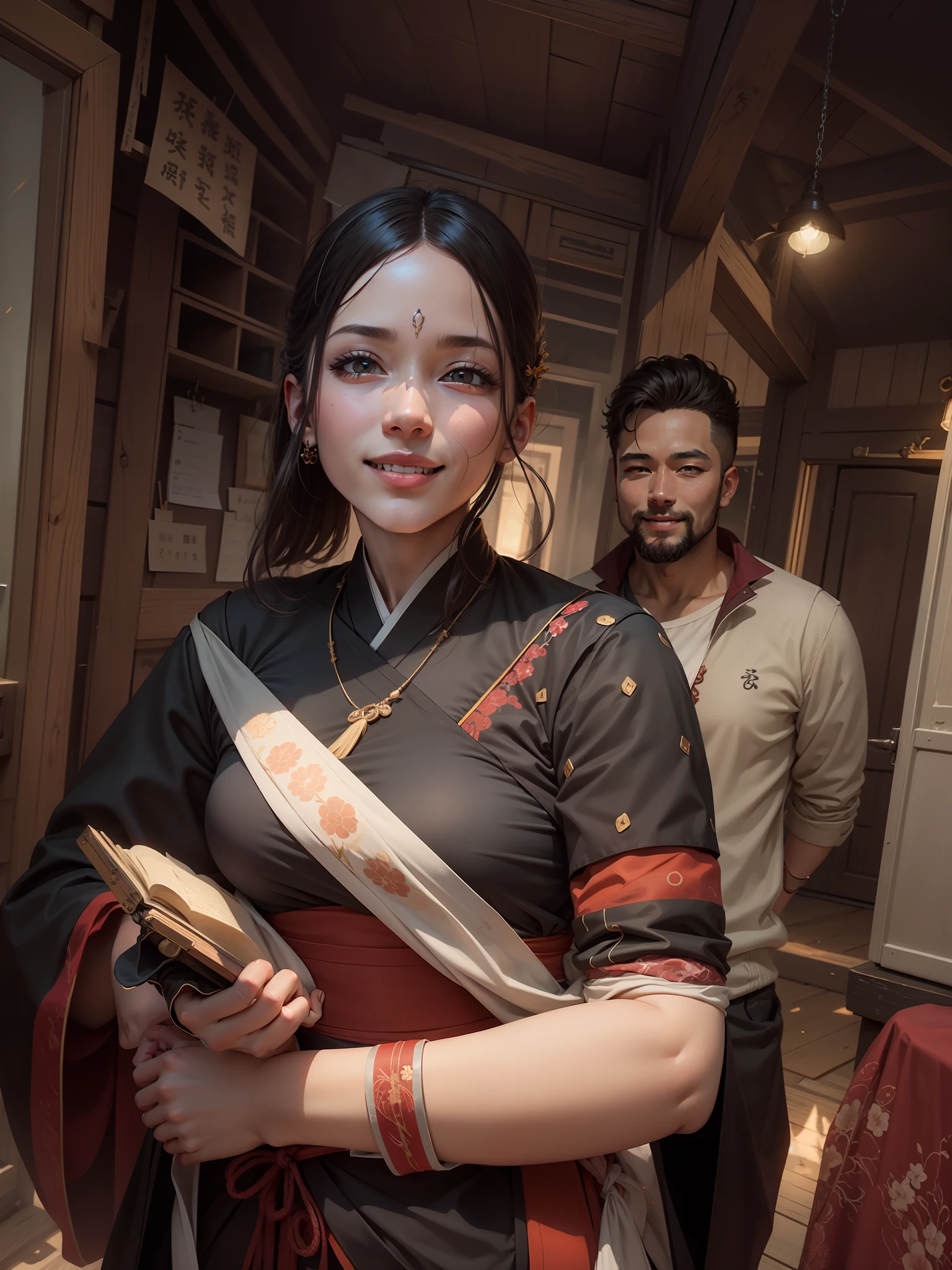 (masterpiece),best quality,good anatomy, shuimobysim,(1 girl:1), (upper body),(smile),short hair,(hanfu),(ecchi0.5), (trees:0.5), (flowers:0.6) ,(wooden house:0.2),(bamboo forest:0.2),(creek:0.2),(river:0.2),
