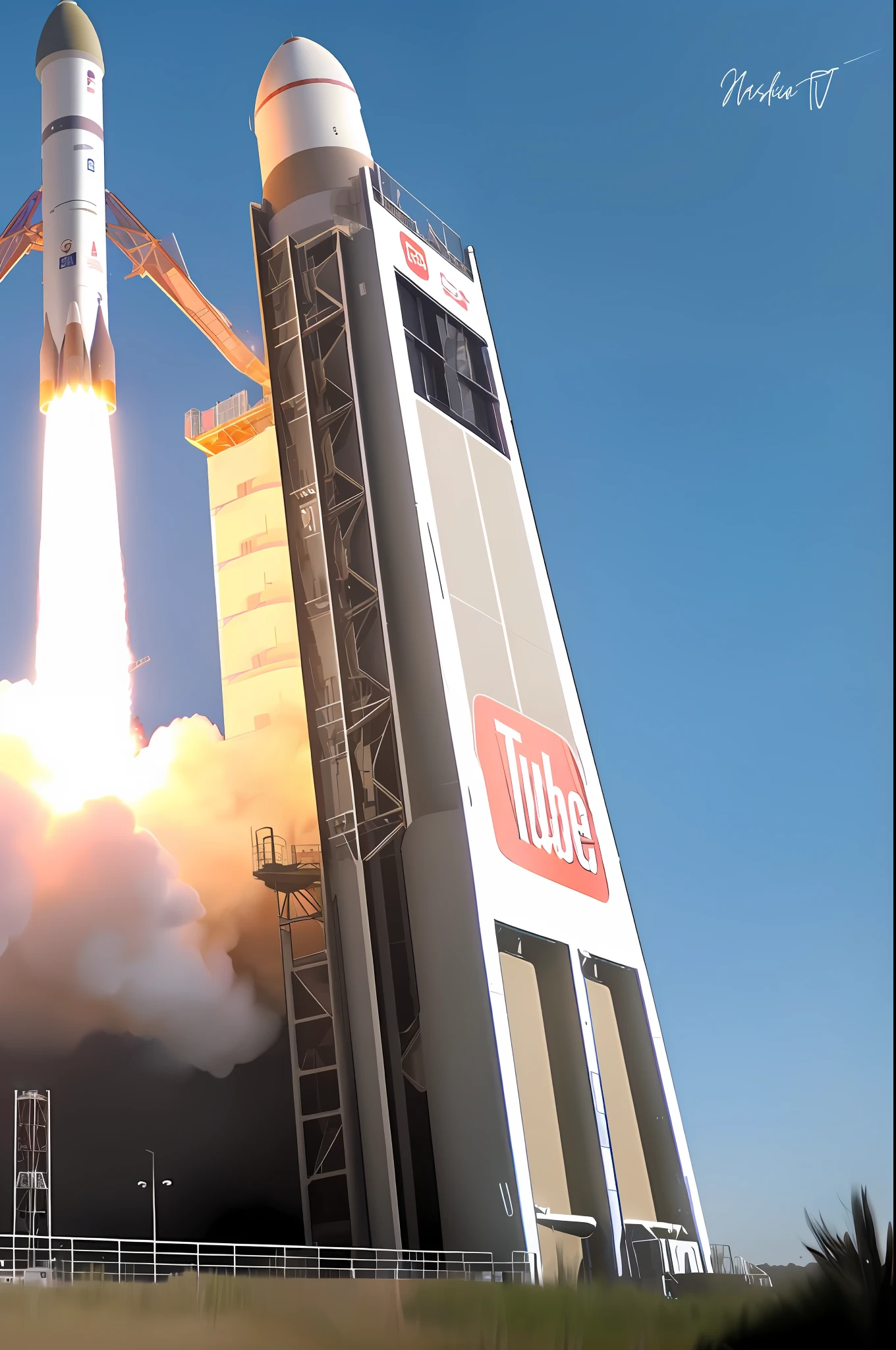 Arafed view of a space shuttle taking off from a building, launch test, launch rocket into the sky, launch of a rocket, launch into space, rocket launch, youtube video screenshot, blue v2 rocket in space, rocket launch, space engine, made in unreal engine 5, space camera images, small spacecraft in the background, nasa, large booster rocket engines, written HashinTV on the rocket