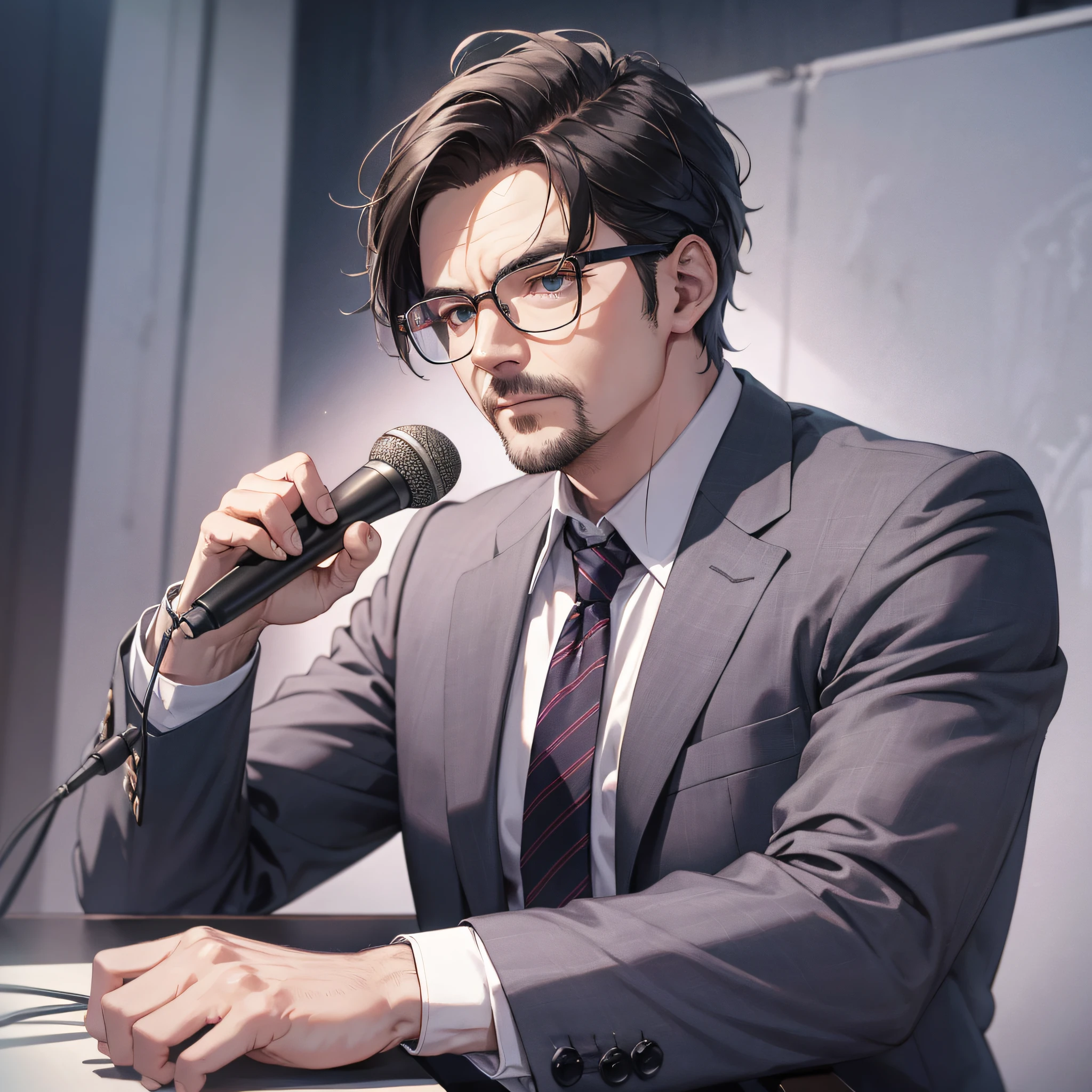 Absurd resolution, high resolution, (master masterpiece: 1.4), hyper-detail, talk show commentator, middle-aged male professor in suit, wearing glasses, sitting, holding a microphone, serious expression