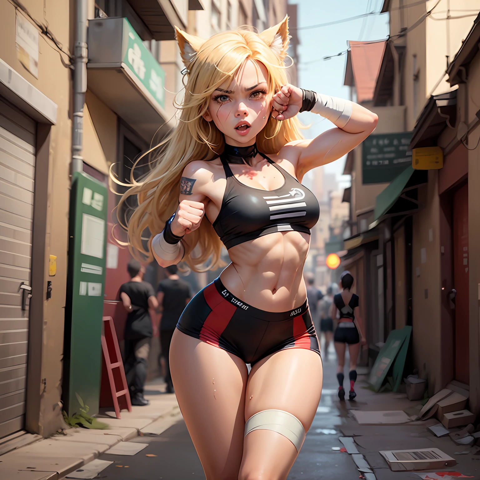 cartoon image of a girl with toned body, blonde hair, tomgirl, full body character, more tanned face, prepared for fight in the alleys of the city, small breasts, short stature body, provocative expression, defiant look, bandaged fists, blood stain on face and hand, sweaty body, avatar image, , gelbooru, anime image, punchable face, heavy gesture full body style, danbooru, ATFBooru, All The Fallen, yami kawaii, cynical face, derpibooru