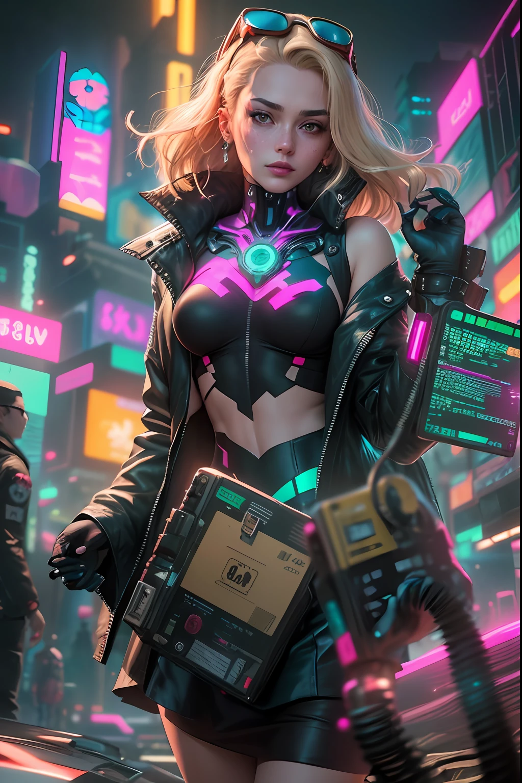 barbie doll with cyberpunk aesthetic and costume, holographic, pinky dress, transparent skirt, glass, mask, goggles, doll, princess, headband, cyberpunk, synthwave, neon colors, cyan, fuchsia, indigo, beautiful woman face, blonde hair, necklace, freckles, jewelry, caucasian woman, hi-tech, landscape orientation, upper body focus, full body, depth of field, soft lighting, dynamic lights, RAW photo, masterpiece, best quality, realistic, 8K, ultra-realistic, photo-realistic,, (perfect face:1.2), (led lighting:1.2), (in the style of Ghost In The Shell:1.2), (in the style of Blade Runner:1.2), (in the style of Akira:1.2)