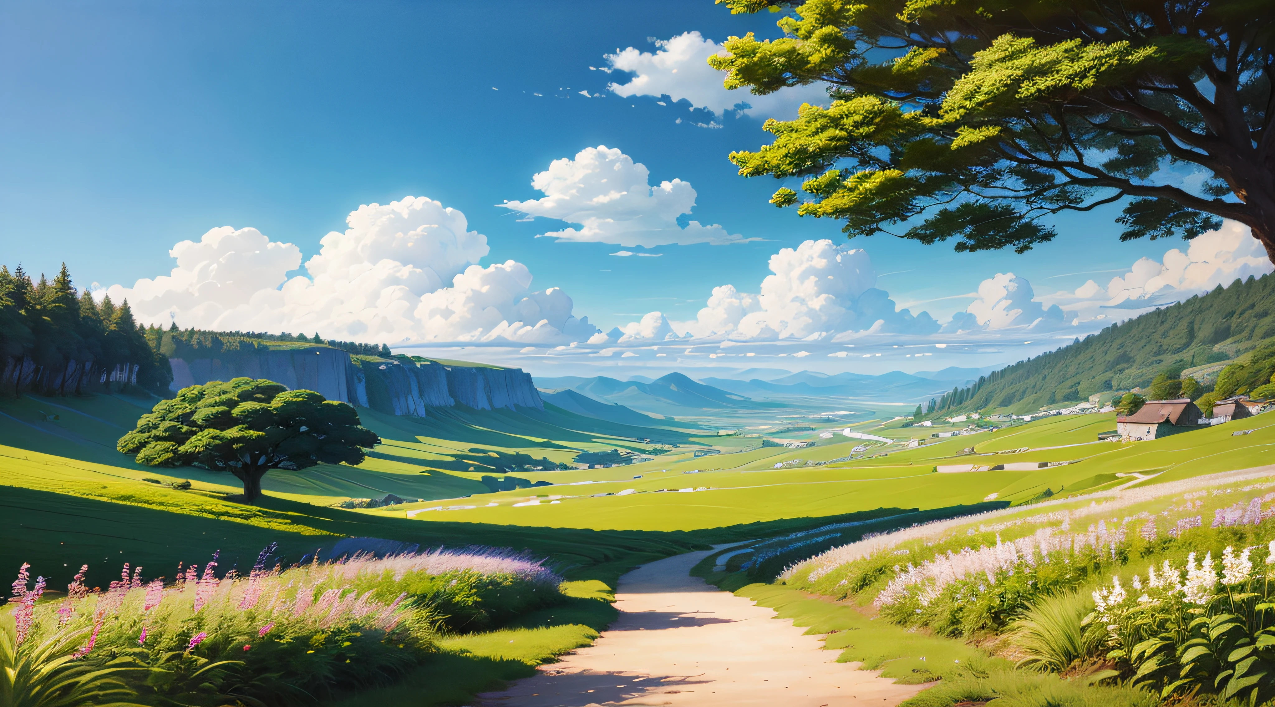 Realistic, authentic, beautiful and amazing landscape oil painting Studio Ghibli Hayao Miyazaki's petal grassland with blue sky and white clouds --auto --v6