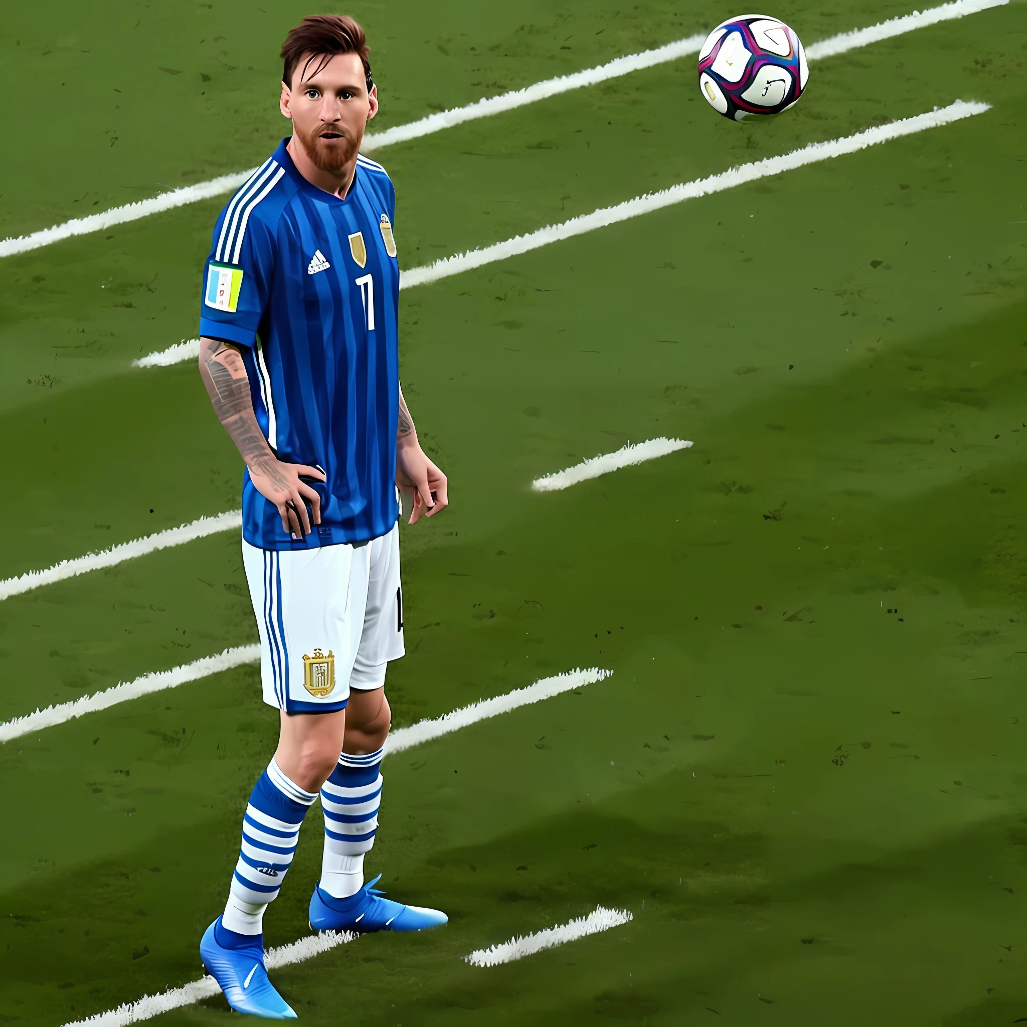 Lionel Messi, wearing Argentina jersey number 10, standing and holding a football at hand, in the world cup football field, ultra Sharp, ultra ray tracing, ultra resolution, 8k, --auto