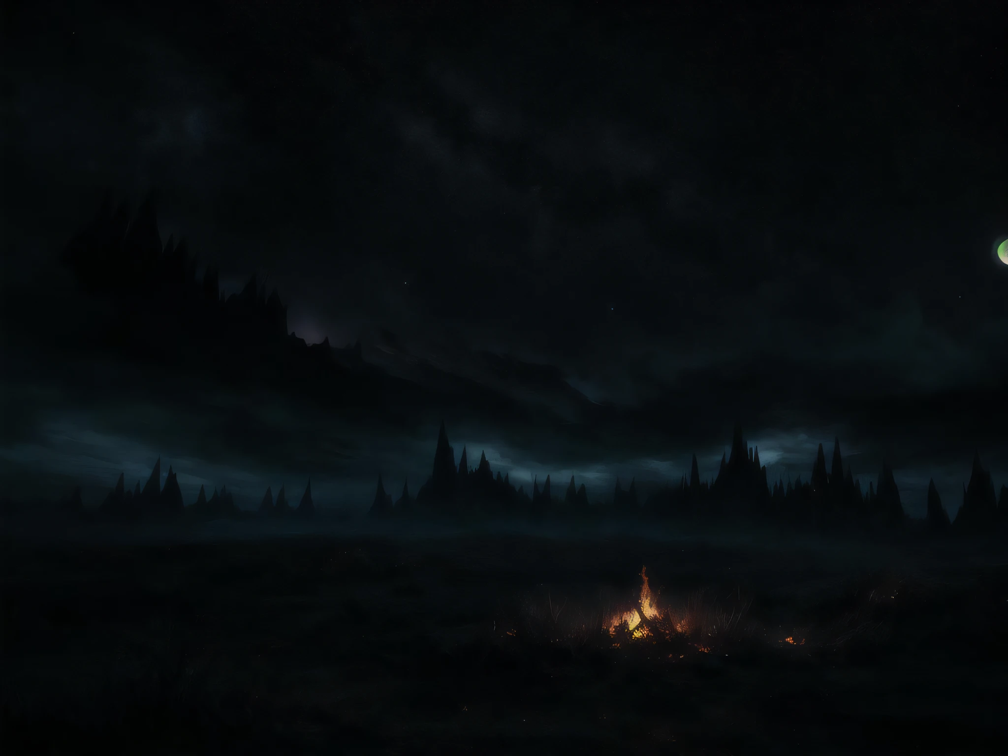 Nightmare vision, dark fantasy, fire in background, moonlight, stars on sky, dynamic sceen,photography, ultra realistic photography, RAW, 8k, ((HIGH DETAIL)), masterpiece, best quality, high quality, extremely detailed CG unity 8k wallpaper,Photorealistic
